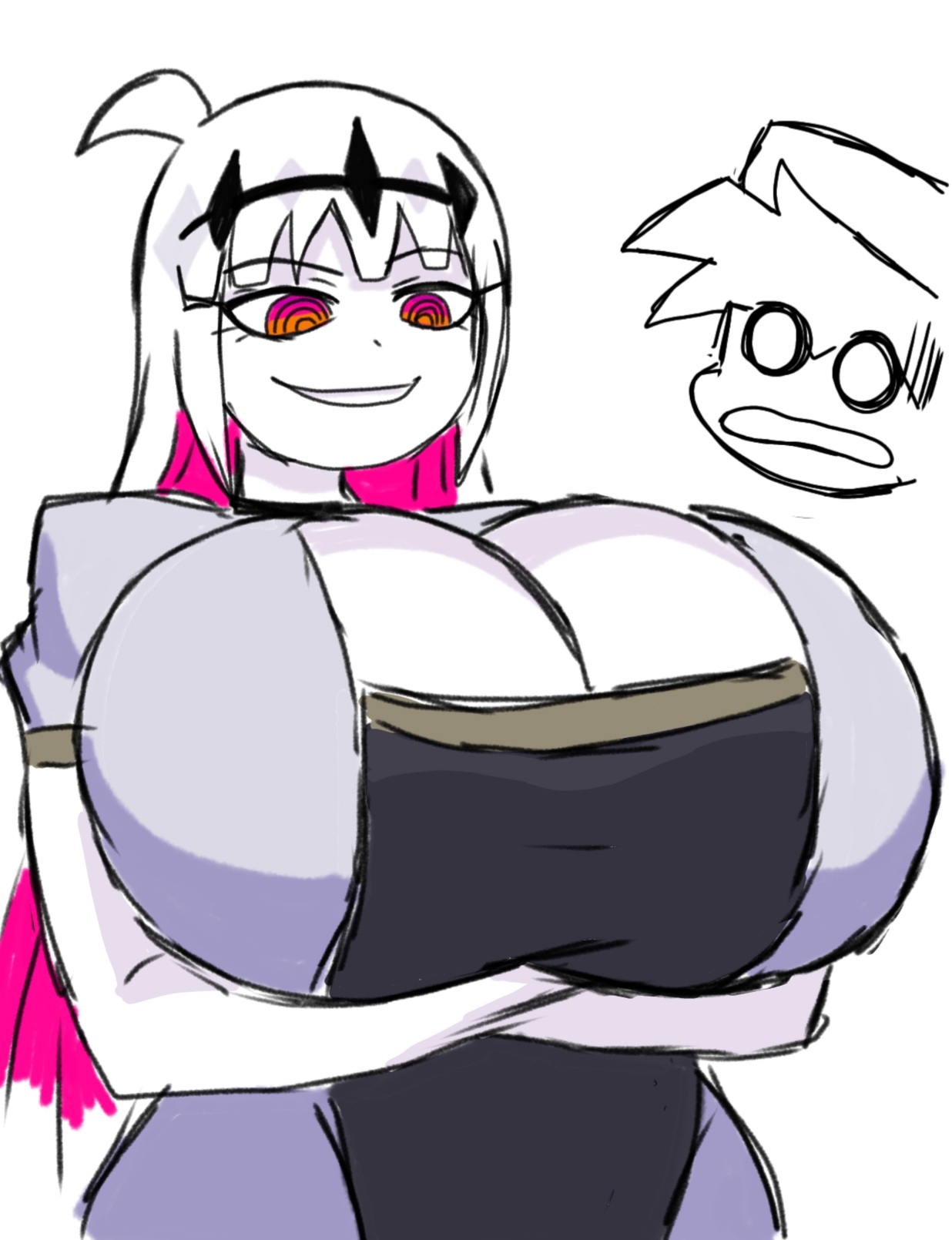 1boy, 1girls, big breasts, boyfriend (friday night funkin), breasts, busty, duo, enormous breasts, female, female focus, fnf, fnf entity, fnf mod, fnf mods, friday night funkin, friday night funkin mod, friday night funkin: entity, giant breasts, gigantic breasts, hands under breasts, huge breasts, hyper, hyper breasts, inner hair, large breasts, male, massive breasts, momiji (artist), newgrounds, nikusa (sugarratio), pink inner hair, shocked, smile, toony, two-tone hair, white body, white hair, white skin, white-haired female, white-skinned female