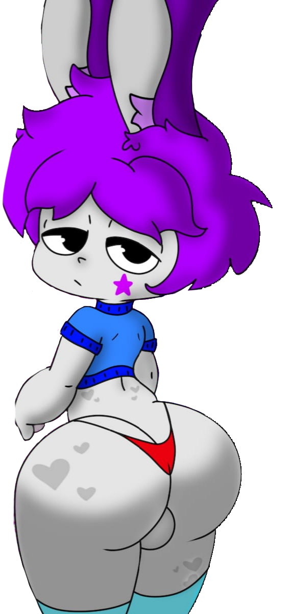 1boy ass ass_focus balls ballsack big_ass black_eyes blue_t-shirt bottomless bottomless_male boy cute ear femboy gay grey_skin hair heart looking_at_viewer male male_only nose original_character panties purple_ears purple_hair purple_star red_panties star