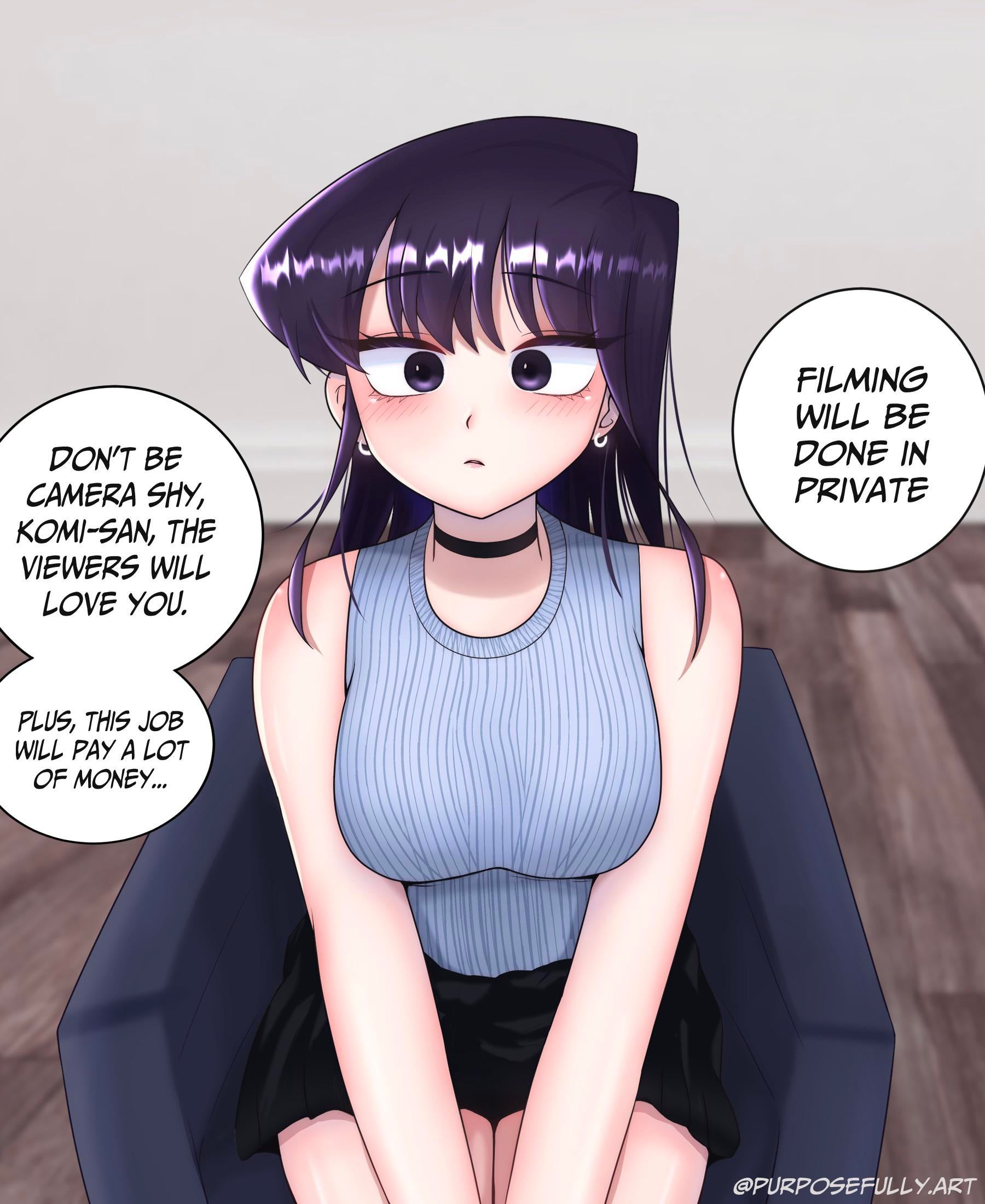 1girls, blush, bokuman, breasts, chair, clothing, couch, earrings, english text, female, female only, hi res, human, interview, job interview, komi shouko, komi-san wa komyushou desu, large breasts, looking at viewer, sitting, skirt, sleeveless, solo, speech bubble, sweater, text