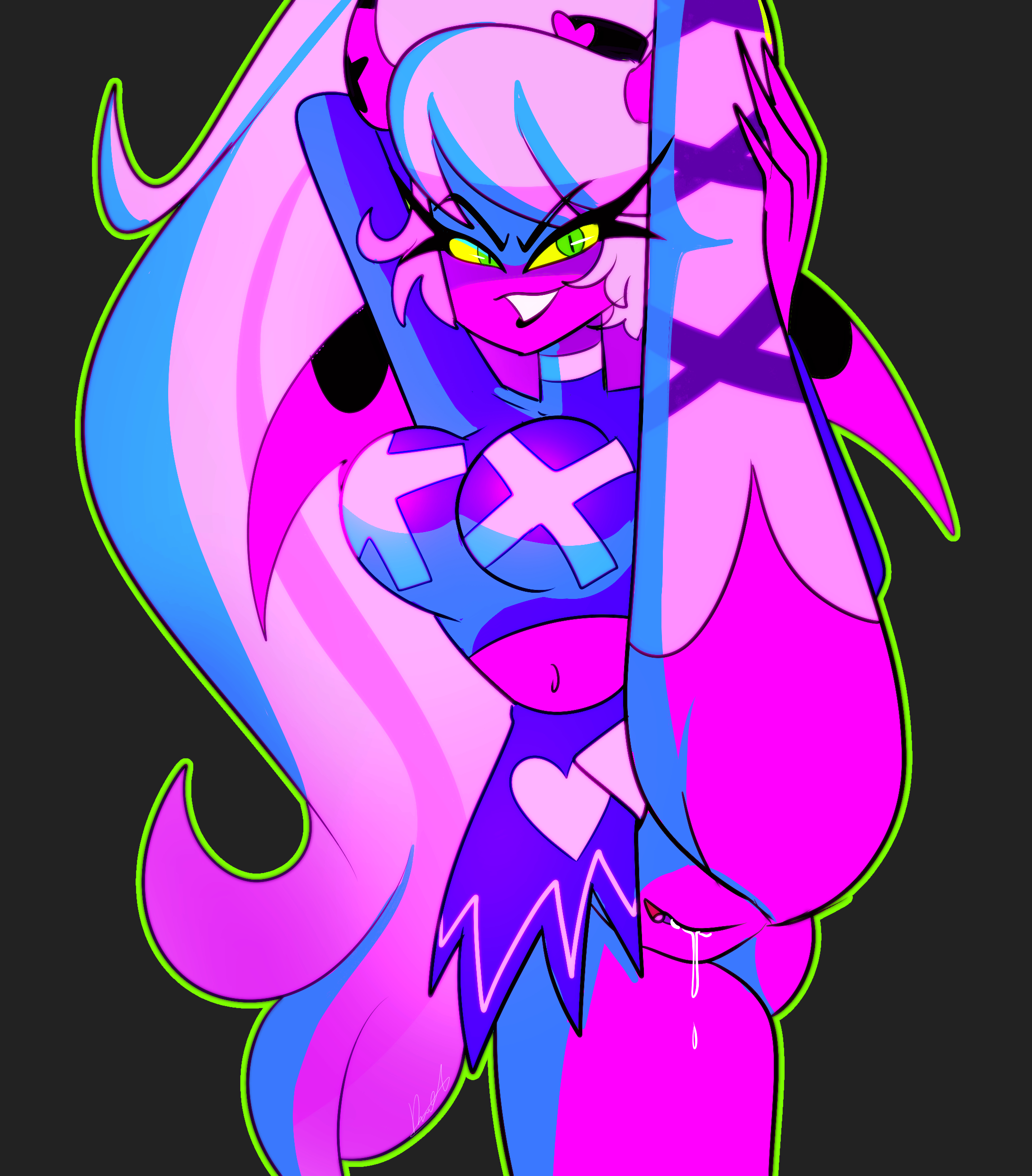 bichcarito, demon, female, green eyes, helluva boss, lipstick, no panties, ponytail, pussy, pussy juice, pussy juice drip, succubus, tagme, two-tone hair, upskirt, verosika mayday (helluva boss), vertical splits