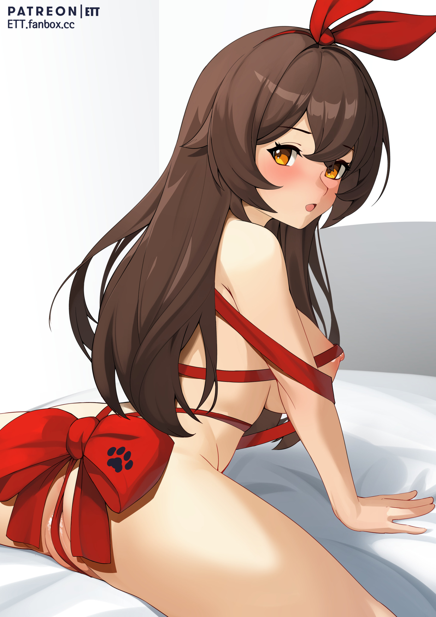 1girls, absurd res, amber (genshin impact), areola, areolae, ass, bare shoulders, bed, big ass, big breasts, big butt, blush, bondage, bow, bow panties, breasts, brown eyes, brown hair, brunette, bunny ears, ett, female, genshin impact, hair between eyes, hairband, hi res, highres, hips, huge ass, huge breasts, huge butt, large ass, large breasts, legs apart, legs spread, long hair, looking at viewer, looking back, mouth open, nipples, open mouth, pussy, pussy lips, ribbon, ribbon bondage, shoulders, sideboob, simple background, sitting, sitting on bed, slim waist, small waist, solo, spread legs, thick, thick ass, thick thighs, thighs, waist, wide hips, wrapped, yellow eyes