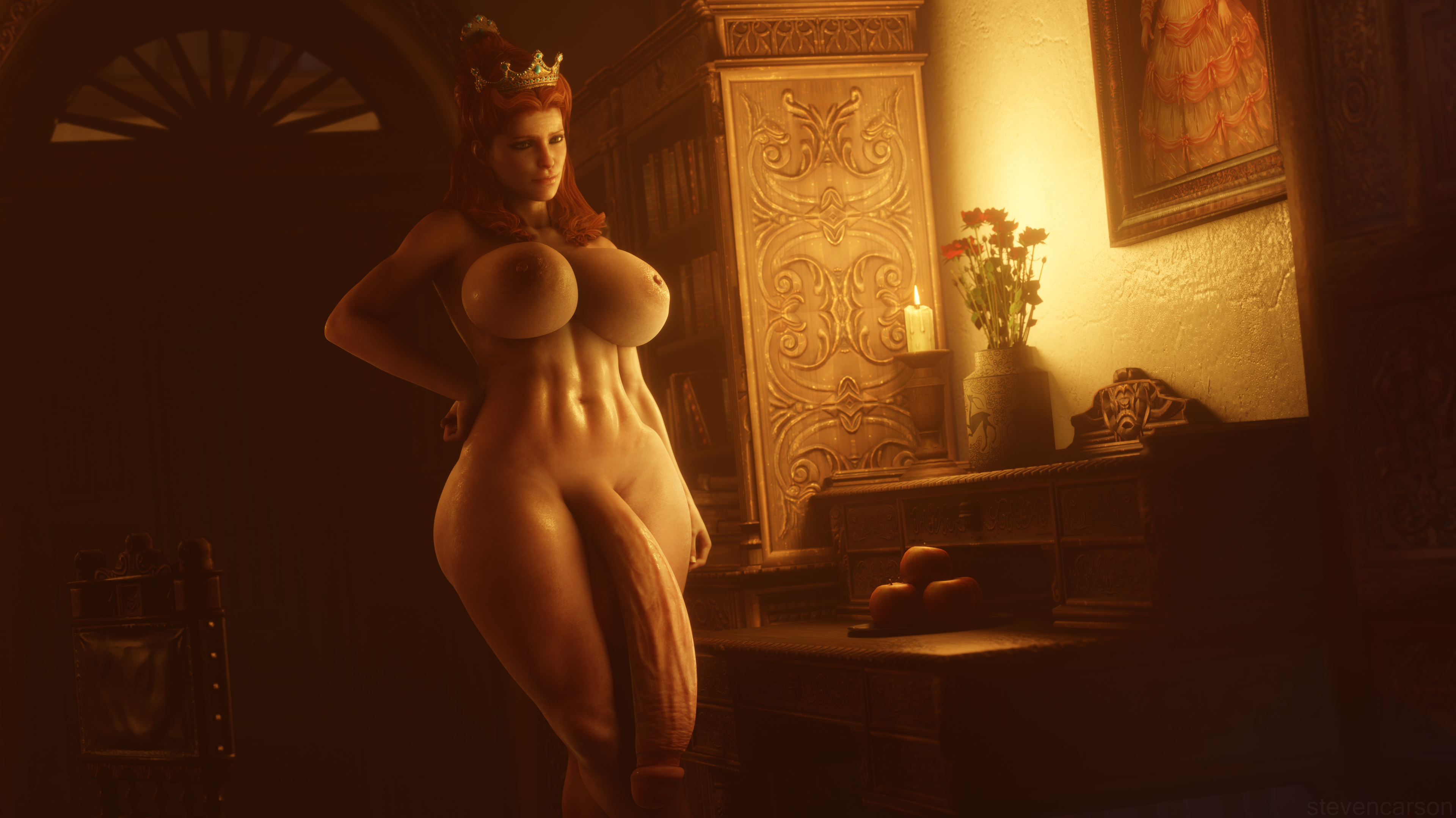 1futa, 3d, 4k, absurdres, anna henrietta, areolae, big breasts, breasts, casual nudity, completely nude, futa only, futanari, highres, huge cock, intersex, large breasts, nipples, nude, nude futa, penis, solo, stevencarson, the witcher (series), the witcher 3: wild hunt