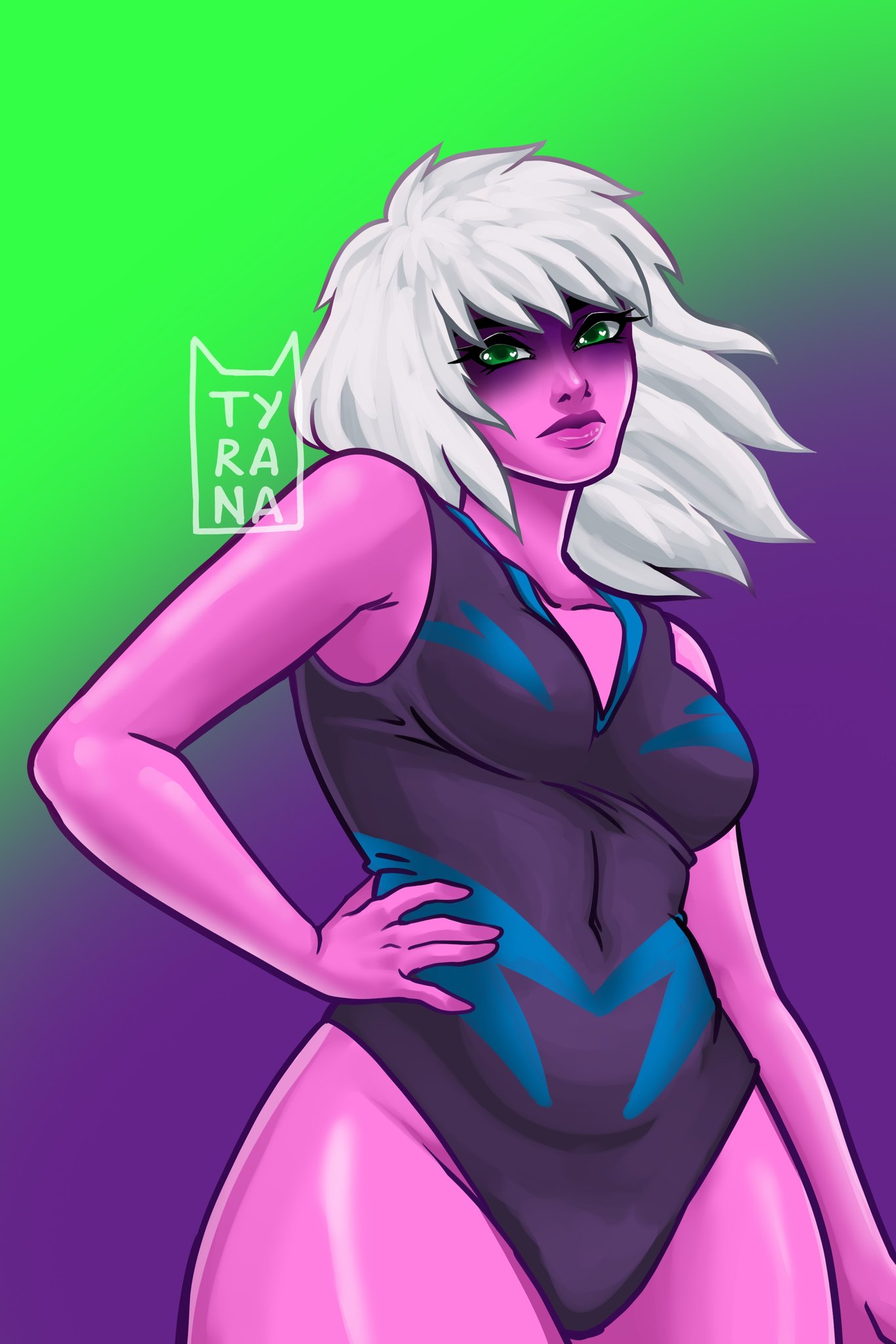 artist_logo bodysuit breasts curvy facepaint fortnite fortnite:_battle_royale green_eyes grey_background hand_on_hip harlowe_(fortnite) lips long_hair navel one-piece pink_skin purple_background shiny_skin thick_thighs tyrana white_hair wide_hips