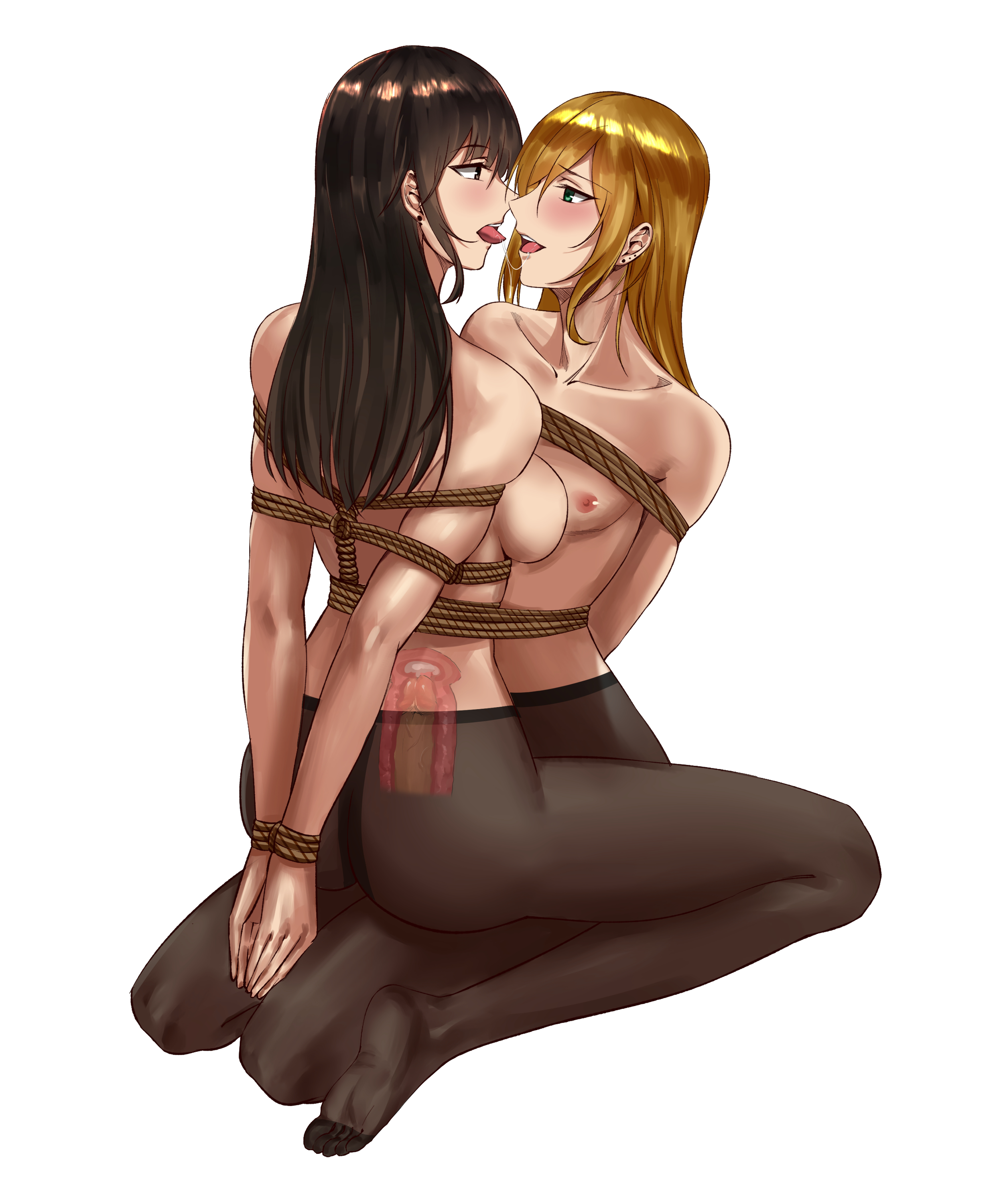 1boy, 1girls, after kiss, arms behind back, bondage, bound together, breasts, cum, cum in pussy, cum in uterus, cum inside, cumming, duo, ear piercing, female, female human, female penetrated, femboy, femboy on female, femsub, forced partners, human, male, male and female subs, male human, male penetrating, malesub, medium breasts, multiple subs, nipples, nude, open mouth, pantyhose, penetration, penis, pussy, restrained, rope, sex, straight, tongue, tongue out, upright straddle, vaginal penetration, x-ray, yuki (artist)