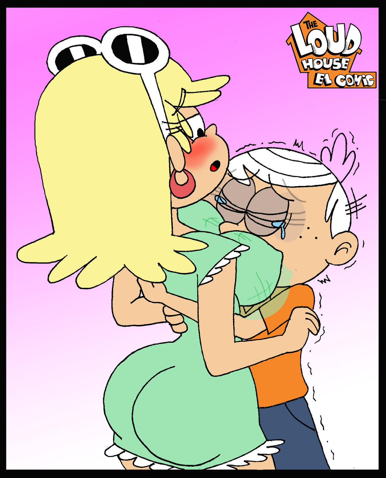 1boy, 1girls, ass, big ass, big breasts, blonde female, blush, breast smother, breasts, brother, brother and sister, embrace, embracing, face in breasts, female, ferozyraptor, incest, leni loud, lincoln loud, male, older sister, shaking, shaking breasts, siblings, tears, the loud house, younger brother
