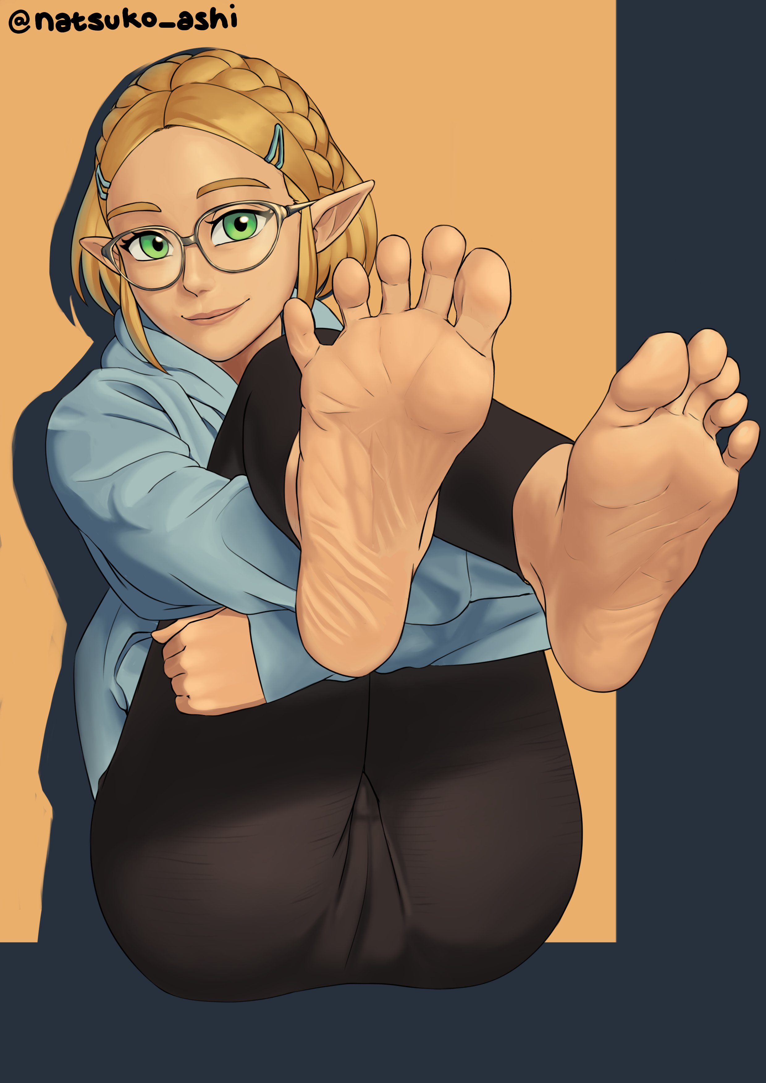 elf ears, feet, female, foot fetish, glasses, green eyes, natsuko ashi, pointy ears, princess zelda, smile, soles, tagme, tears of the kingdom, the legend of zelda, zelda (tears of the kingdom)