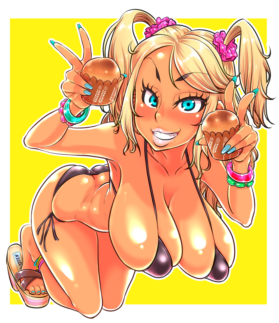 1girls big_breasts bikini blonde_hair gyaru hanging_breasts large_breasts long_nails muffin sagging_breasts solo swimsuit t0ge_t0ge tan_skin v