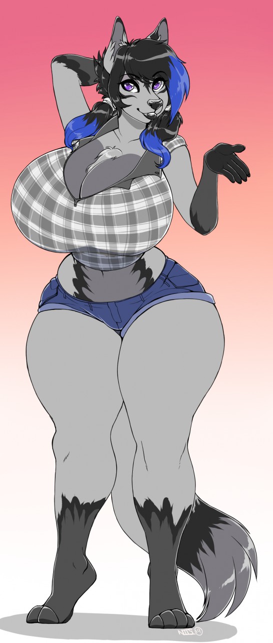 1girls, 4 toes, 5 fingers, animal ears, anthro, armpits, big breasts, black hair, blue hair, breasts, breasts bigger than head, busty, cleavage, clothed, clothing, female, female only, full body, fur, furry, furry only, gradient background, huge breasts, large breasts, niis, no humans, protrait, purple eyes, solo, standing, tail, thick thighs, two-tone hair, wide hips, zenocoyote (oc)