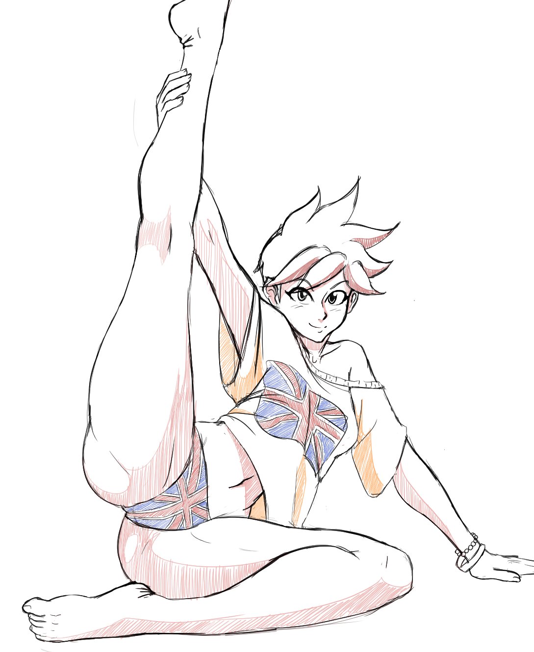 1girls, female, female only, light skin, light-skinned female, looking at viewer, no bra, overwatch, pale skin, pale-skinned female, panties, short hair, simple background, sketch, smile, solo, solo female, spread legs, stretching, tomboy, tracer, twitter, union jack, zeromomentai