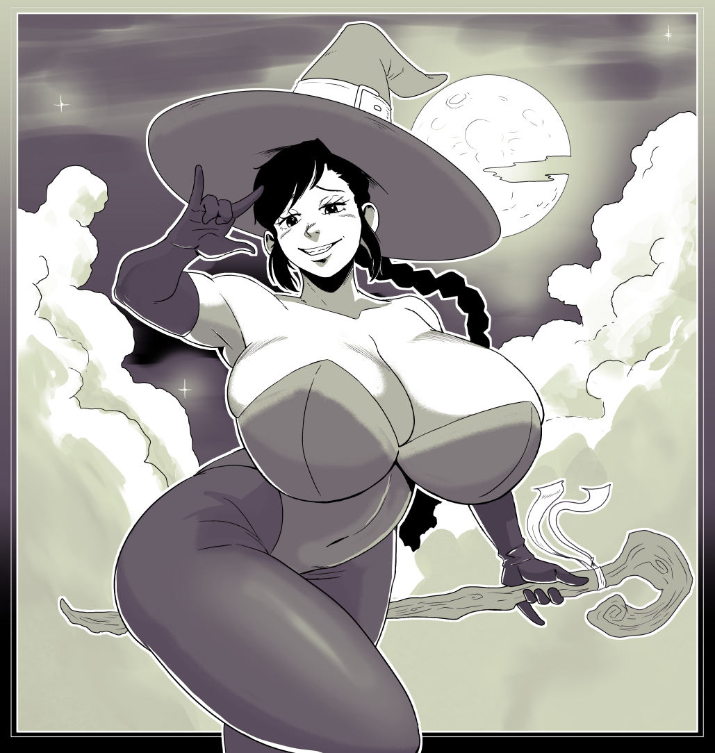 armwear big_breasts breasts cleavage cloud clouds female female_focus full_moon gloves halloween halloween_costume harorlood hat huge_breasts large_breasts long_hair looking_at_viewer marina_(harorlood) moon night ponytail smug smug_face smug_grin smug_smile solo solo_female staff witch witch_costume