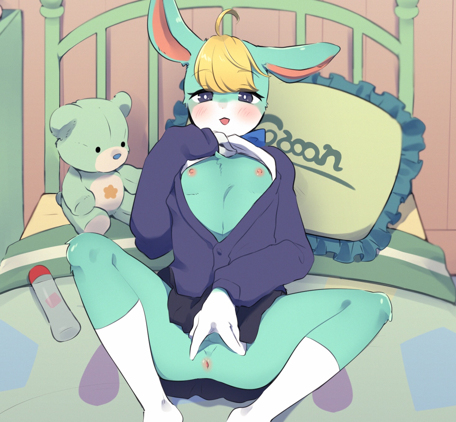 1boy, 2021, animal crossing, anthro, anus, ass, balls, bed, bedroom, blonde hair, blue eyes, blush, clothing, eyebrows visible through hair, eyelashes, femboy, fur, furry, furry only, girly, hair, hi res, lagomorph, male, male only, markings, nintendo, nipples, niwa827, object, penis, penis under clothes, pillow, presenting, presenting anus, rabbit, ribbon, room, sasha (animal crossing), shirt, skirt, socks, solo, teddy bear, tuft, white socks