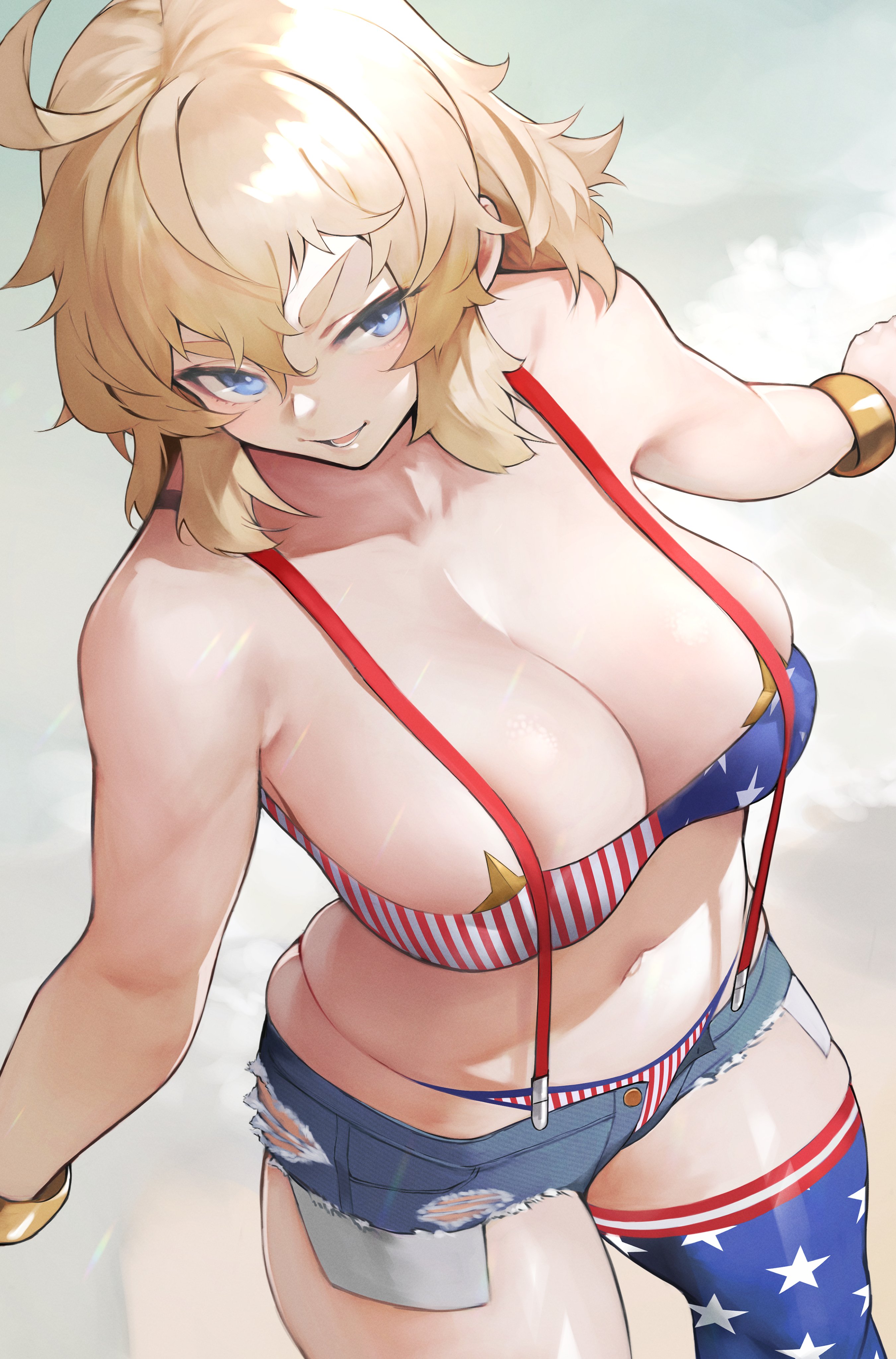 1girls, absurdres, american flag bikini, bangs, bare shoulders, bikini, blonde hair, blue eyes, blue shorts, bracelet, breasts, cleavage, collarbone, cutoffs, denim, denim shorts, female, flag print, highres, jewelry, large breasts, long hair, looking at viewer, original, short shorts, shorts, sidelocks, solo, suspenders, swimsuit, thick eyebrows, thighs, tomboy, yoshi55level