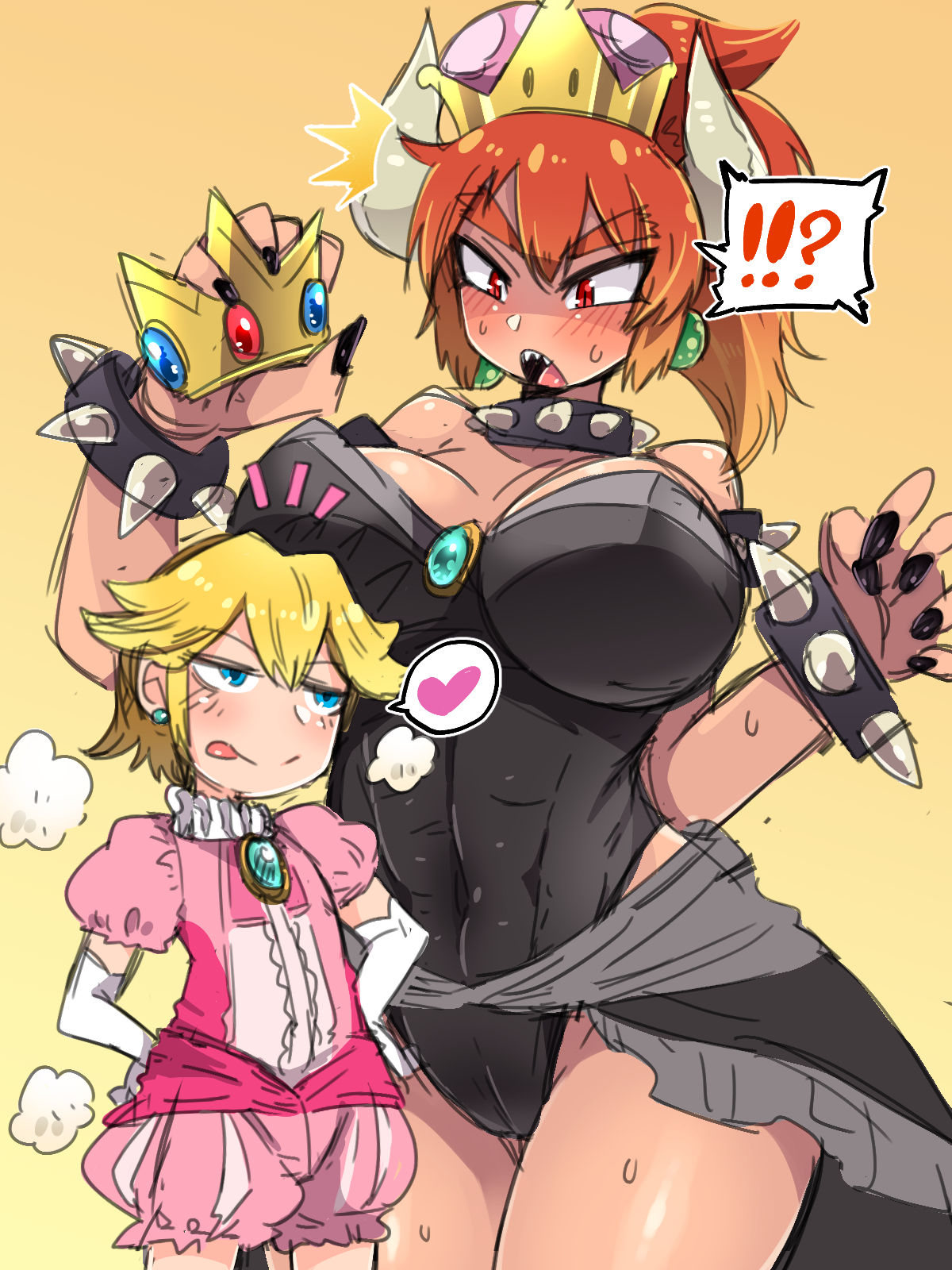 ! 1boy 1girls 2_horns ? abs alternate_species amagaeru_(hylathewet) armband armwear big_breasts black_nails blonde_hair blue_eyes blush bodily_fluids bowsette bracelet breasts cameltoe cleavage clothing collar colored_nails crossdressing crown duo elbow_gloves female femboy femboy_on_female genitals gloves hair handwear heart hi_res horn huge_breasts human humanoid jewelry larger_female licking licking_lips male male/female mammal mario_(series) nails new_super_mario_bros._u_deluxe nintendo older_female open_mouth prince_apricot princess_peach pupils pussy red_bowsette red_eyes red_hair rule_63 sharp_teeth size_difference slit_pupils smaller_human smaller_male smile spiked_armband spiked_bracelet spiked_collar spikes straight super_crown super_mario_bros. sweat teeth tongue tongue_out trap younger_male