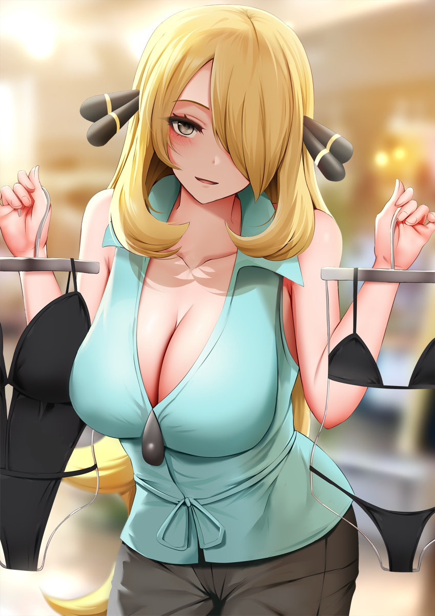 1girls 2021 alternate_breast_size bikini black_bikini black_swimsuit blonde_hair blurry_background blush breasts casual_clothes cleavage clothed clothed_female cynthia_(pokemon) female female_only fitting_room ginhaha grey_eyes hair_ornament hair_over_one_eye hips holding_object indoors large_breasts long_hair looking_at_viewer low_neckline naughty_face nintendo one_piece_swimsuit pokemon pokemon_dppt sleeveless slim_waist smile wide_hips