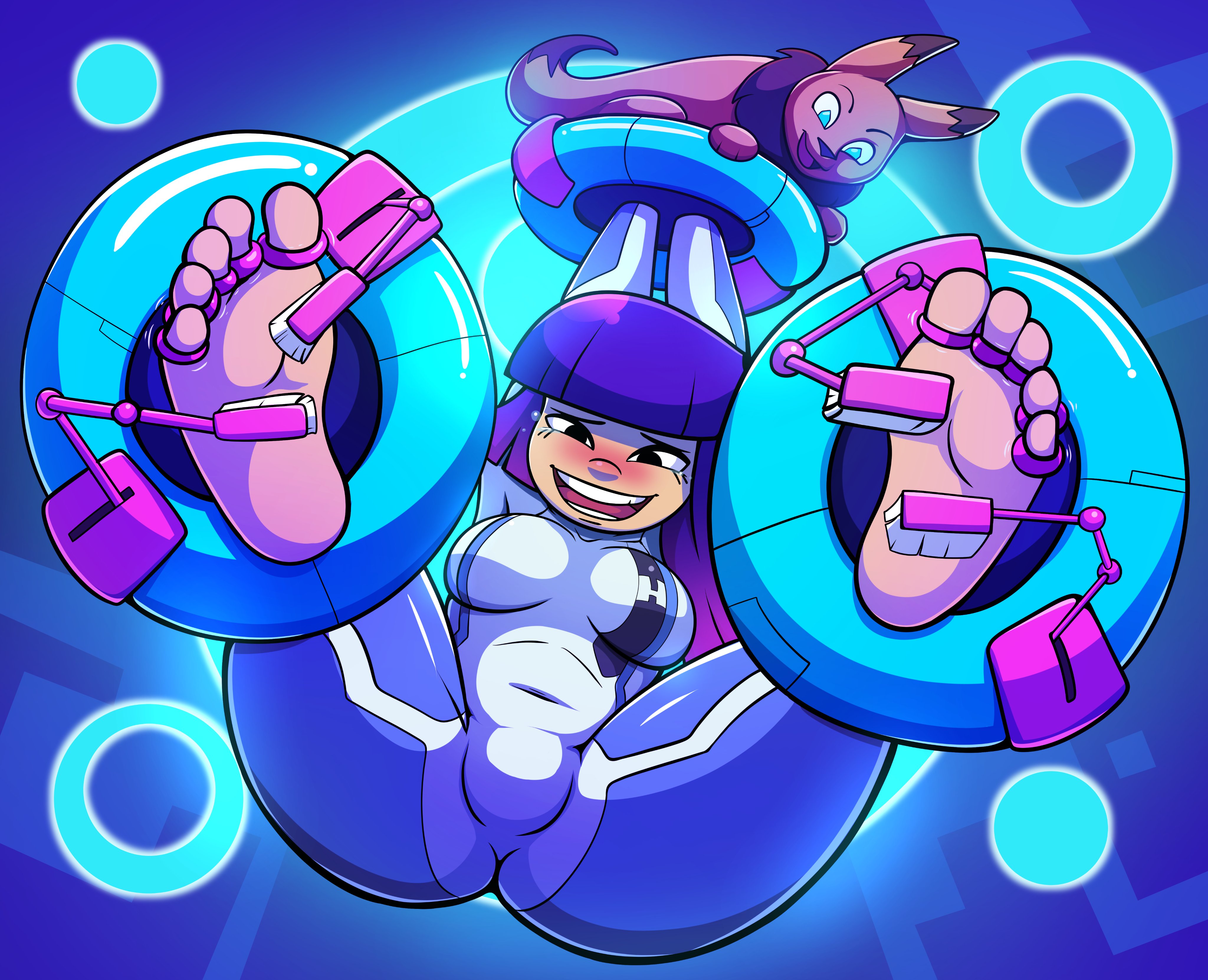ass, barefoot, big ass, black eyes, clothed, feet, female, female only, glitch techs, miko kubota, nickelodeon, purple hair, roxley, smooth skin, soles, tickle machine, tickle torture, tickling, tickling feet, toe ring