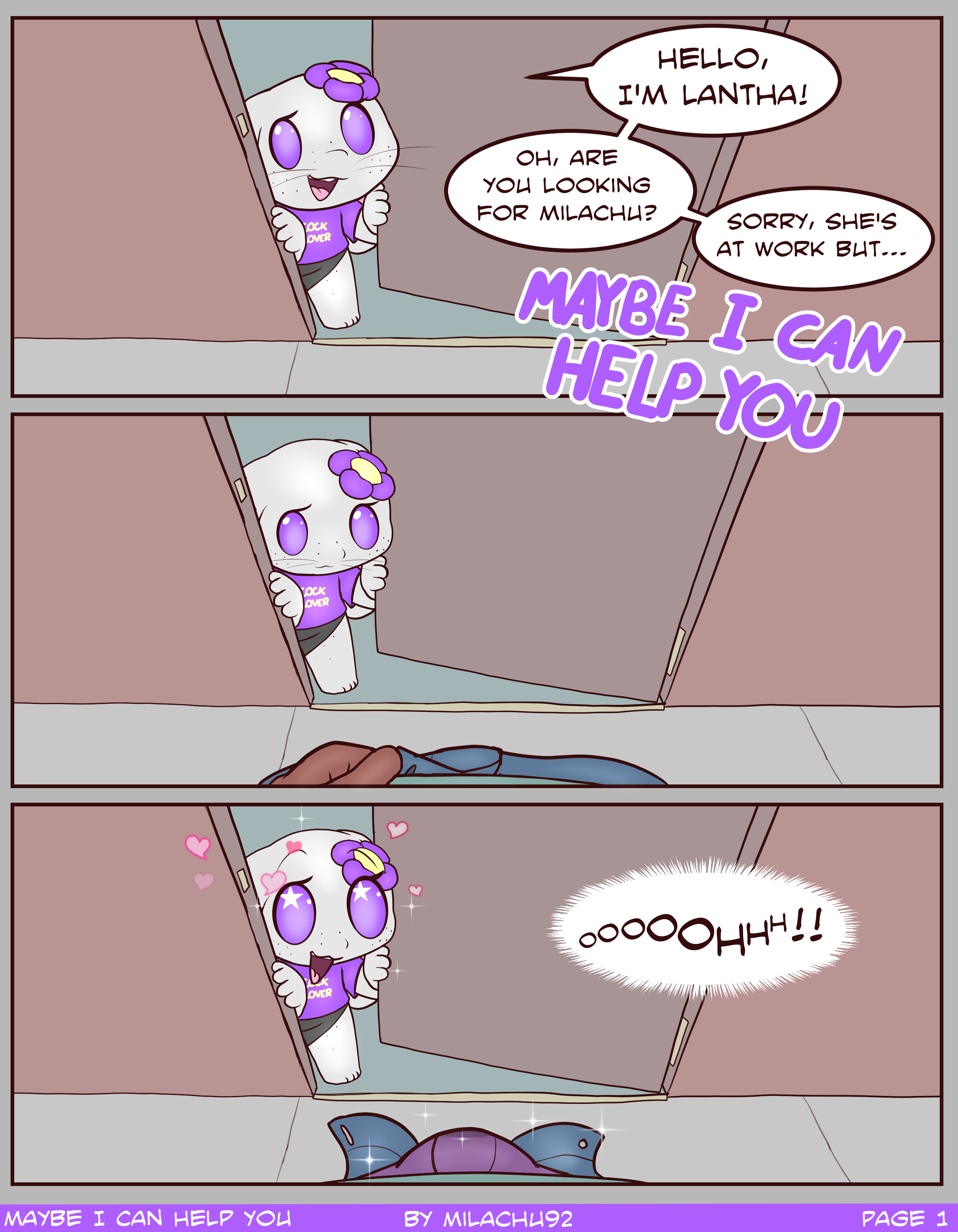 absurd res, accessory, anthro, clothed, clothing, comic, dialogue, duo, english text, faceless character, faceless human, faceless humanoid, faceless male, female, first person view, flower, flower in hair, hair, hair accessory, hi res, humanoid, lagomorph, lantha, leporid, looking at viewer, male, male/female, mammal, milachu92, page 1, page number, plant, purple eyes, rabbit, size difference, solo focus, surprise