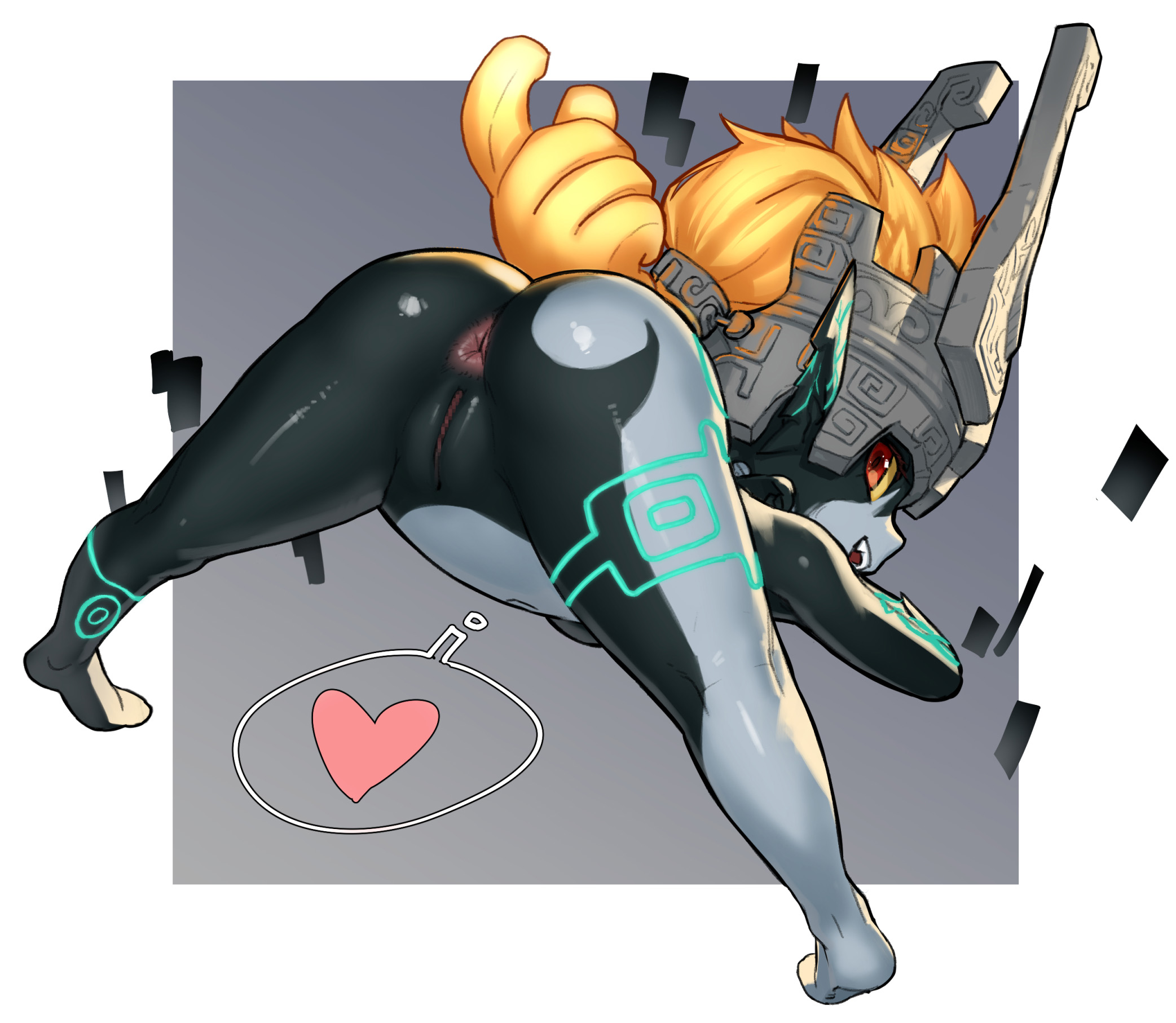 1girls, ass, beckoning, black skin, censored, female, female only, heart, helmet, imp midna, inviting, inviting to sex, jack-o pose, kawakami rokkaku, looking at viewer, looking back, midna, orange hair, presenting, presenting anus, presenting ass, presenting hindquarters, presenting pussy, pussy, red eyes, shortstack, solo, the legend of zelda, twilight princess, white skin
