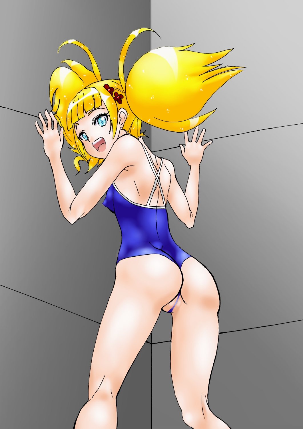 2018 antenna_hair ass blonde_hair blue_eyes breasts chloe_(future_avengers) future_avengers hair_ornament happy light_blue_eyes marvel marvel_comics nipple_bulge nipples pointless_censoring ponytail school_swimsuit shinjuro_kaigusa smile swimsuit vagina wall