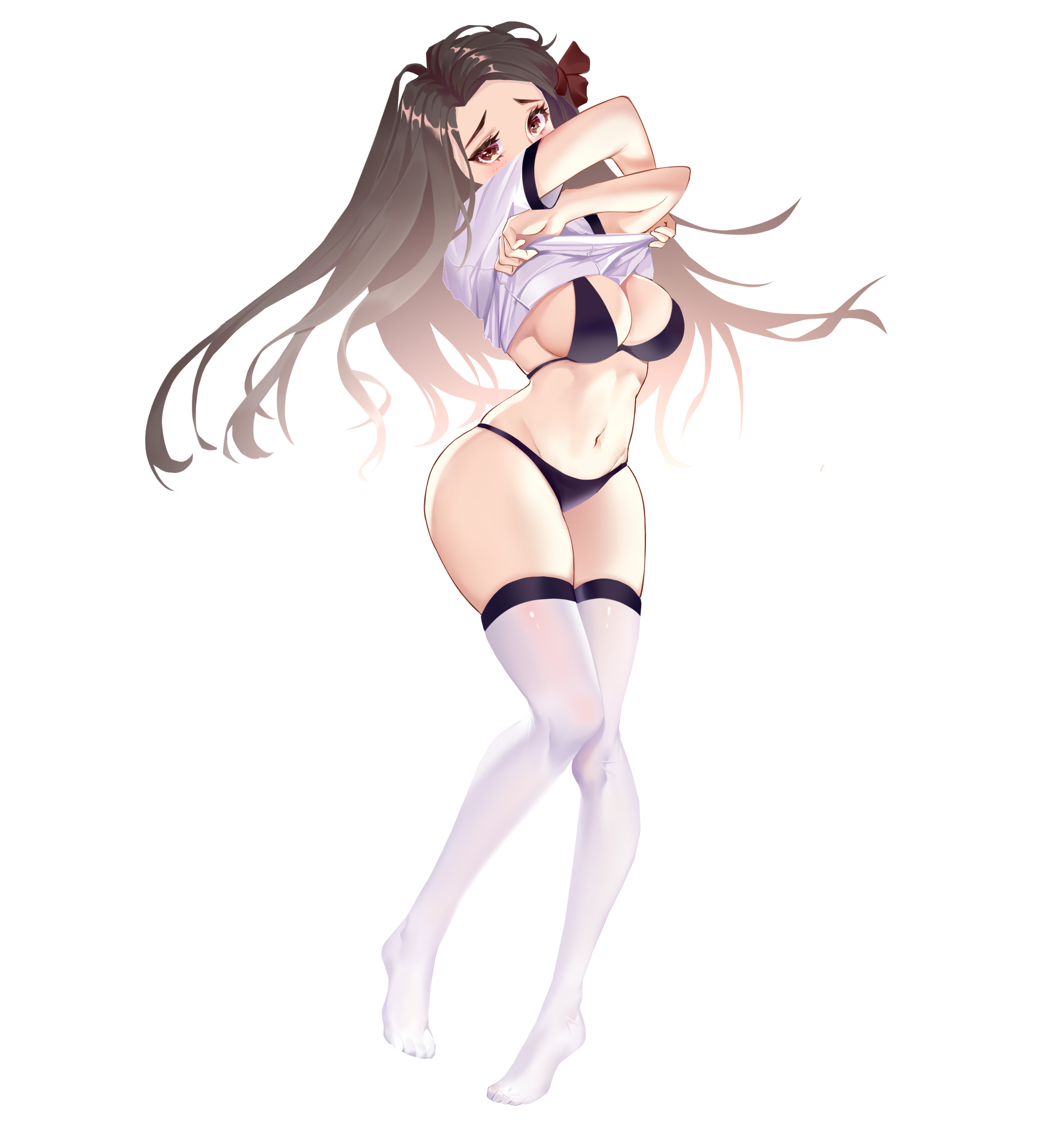 alternate costume, big breasts, black bra, black panties, blush, bra, breasts, brown hair, cleavage, demon slayer, female, female only, foupin r, full body, gym uniform, hair ribbon, kamado nezuko, kimetsu no yaiba, knees together feet apart, long hair, looking at viewer, panties, solo, standing, thighhighs, undressing, white legwear, white thighhighs, zettai ryouiki