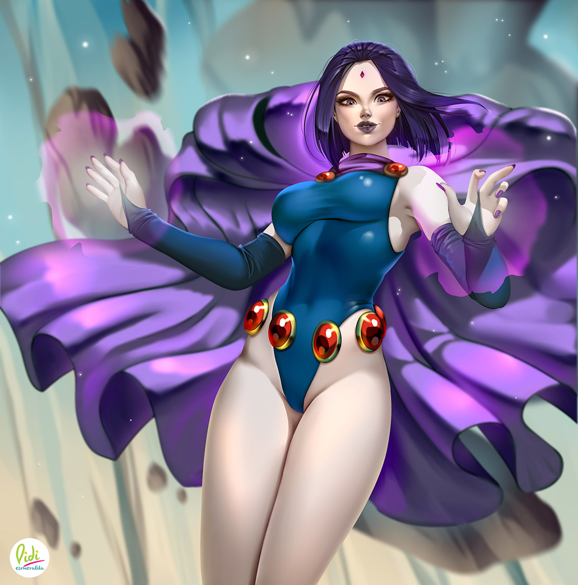 1girls, 2d, armpits, bare legs, bare shoulders, bare thighs, belly button, breasts, cape, dc, dc comics, didi esmeralda, elbow gloves, female, female focus, female only, gloves, groin, hips, leotard, light skin, light-skinned female, looking at viewer, medium breasts, mostly clothed, pale skin, pale-skinned female, purple eyes, purple hair, purple lipstick, rachel roth, raven (dc), short hair, solo, solo female, solo focus, standing, straight hair, teen titans, thick thighs, tight clothing, wide hips