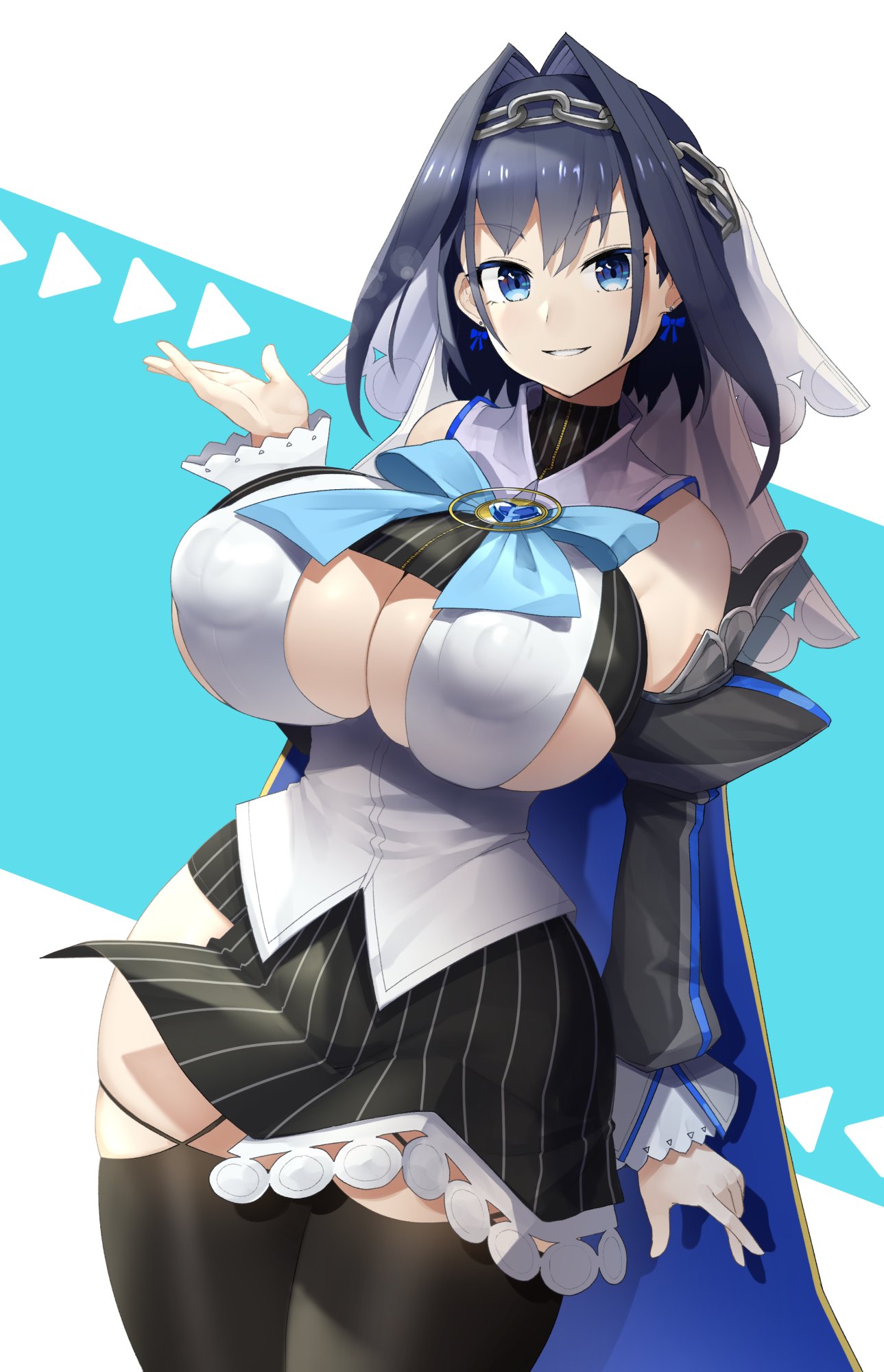 1girls, big breasts, blue eyes, breasts, cleavage, clothed, clothing, curvy, dark hair, detached sleeves, female, female focus, female only, fully clothed, hololive, hololive english, hololive english -council-, hololive english -promise-, hourglass figure, huge breasts, human, light skin, light-skinned female, looking at viewer, miniskirt, nipple bulge, ouro kronii, pale skin, pale-skinned female, short hair, sinensian, solo, standing, thick thighs, thighhighs, virtual youtuber, wide hips, youtube, youtuber