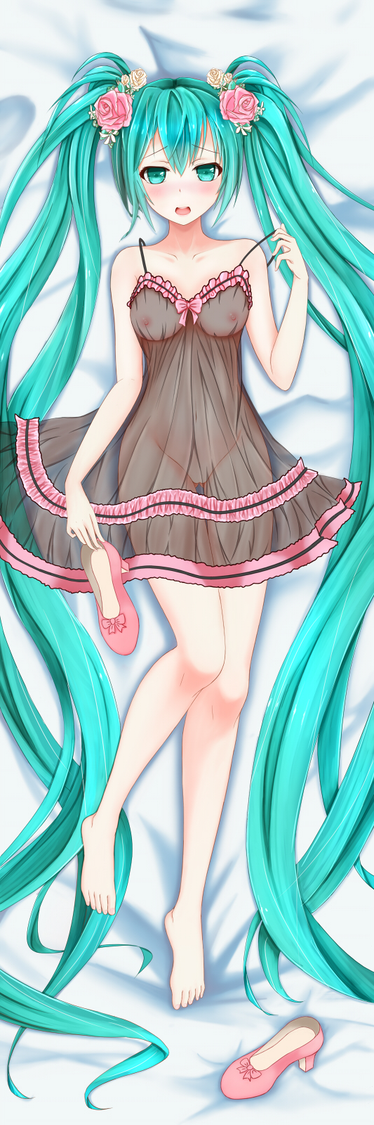 1girl, 1girls, aqua eyes, aqua hair, babydoll, barefoot, bed, blue eyes, blue hair, blush, boobs, breasts, covered nipples, curvaceous, curves, curvy, curvy body, curvy female, curvy figure, dakimakura, dakimakura design, female, female only, flower, full body, hair flower, hair ornament, hatsune miku, high heels, light blue eyes, light blue hair, long hair, looking at viewer, lying, medium breasts, nipples, no bra, no panties, on back, open mouth, pussy, see-through, shoes, single shoe, solo, solo female, tits, translucent clothing, transparent clothing, twintails, vagina, very long hair, vocaloid