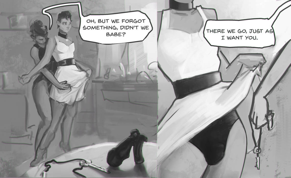 1boy, 1girls, chastity, chastity cage, chastity device, clothed, clothing, cock cage, dark skin, dark-skinned femboy, dark-skinned male, dress, female, femboy, locksmithy, male, monochrome, penis, sissy, tagme, text, text bubble, trap