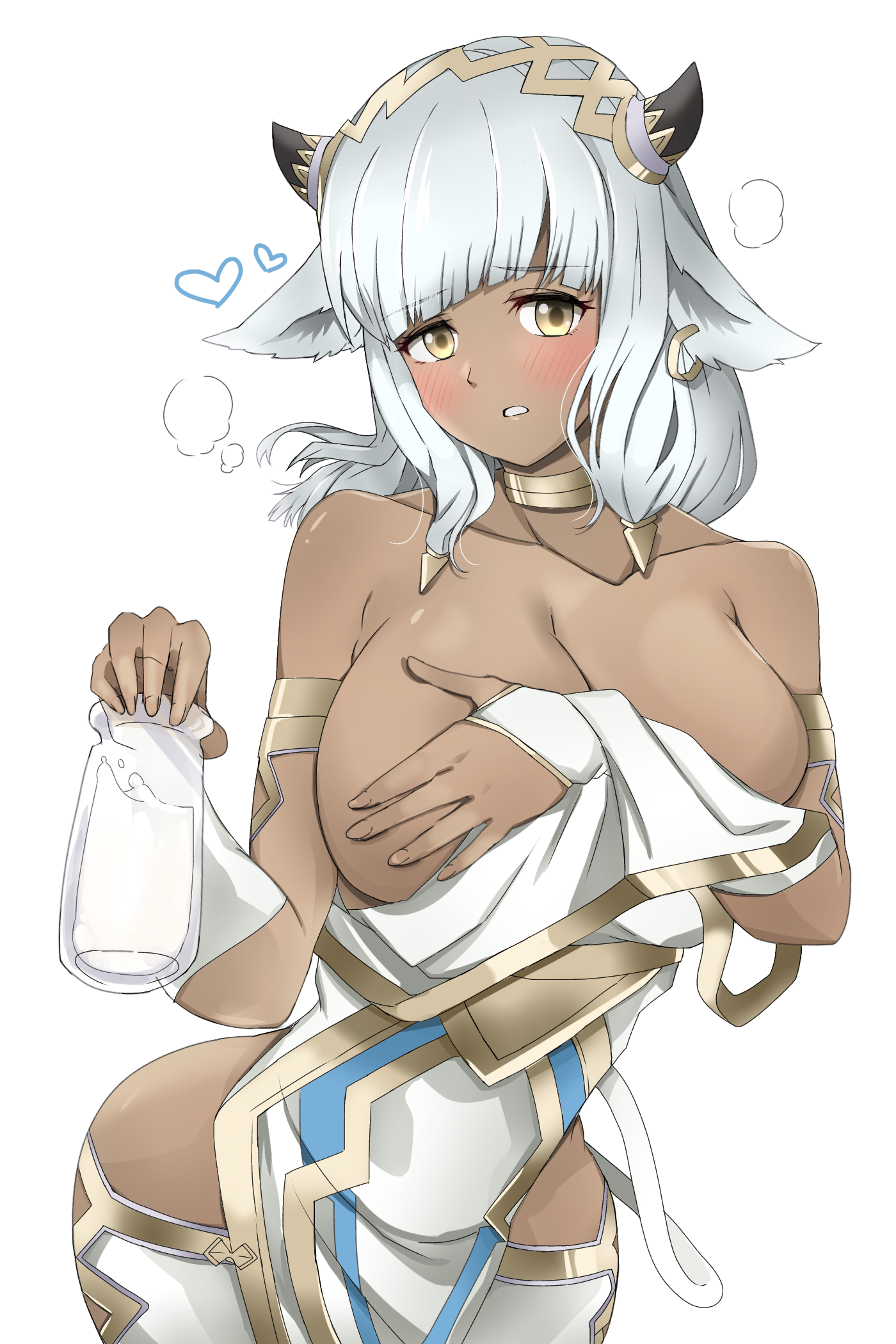 1girls, ash (fire emblem), bad censor, bangs, bare shoulders, bare thighs, blush, breasts, brown eyes, cleavage, clothes removed, collarbone, covering, covering breasts, cow girl, dark skin, dark-skinned female, earrings, embarrassed, female, female only, fire emblem, fire emblem heroes, heart, hourglass figure, huge breasts, looking at viewer, medium hair, milk, nintendo, pointy ears, silver hair, solo, thighhighs, thighs, toshimasa, wardrobe malfunction, white background, white hair, yellow eyes