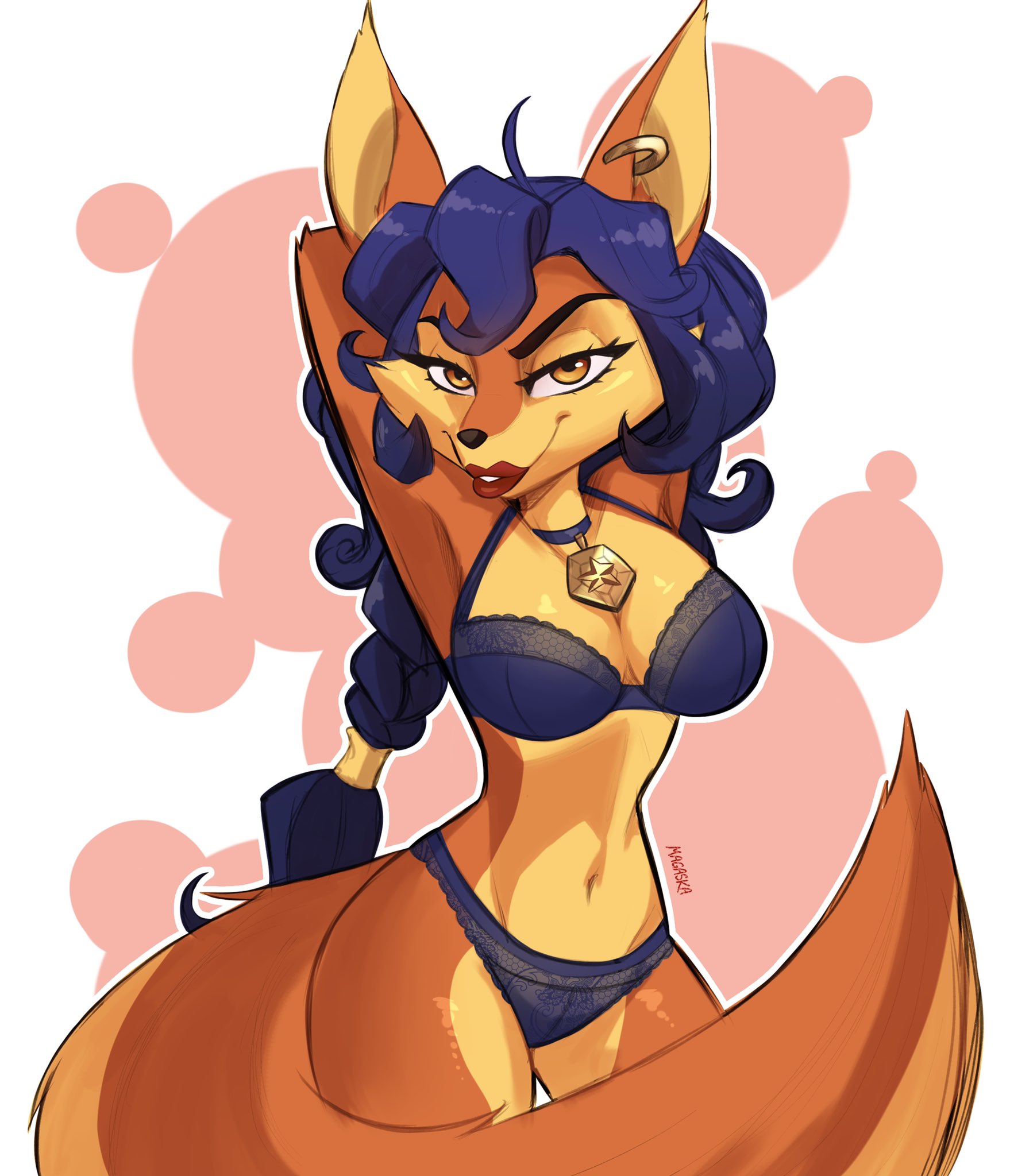1girls, anthro, armpits, blue hair, bra, breasts, carmelita fox, choker, cleavage, collar, female, female only, fox, fur, furry, hands behind head, lace, lace-trimmed panties, lingerie, lingerie only, lipstick, long blue hair, long hair, looking at viewer, magaska19, navel, panties, police badge, sly cooper (series), smile, smooth fur, solo, sucker punch productions, tail, underwear, yellow eyes