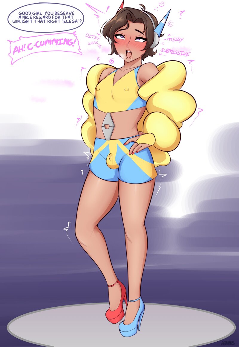 abarus, blush, brainwashing, brown hair, corruption, crossdressing, elesa (pokemon), english text, female, femboy, feminine male, feminization, gay, hand on hip, high heels, hypnosis, male, mind control, orgasm without stimulation, penis, pokemon, pokemon bw, short shorts, small penis, tech control, text, trap, yaoi