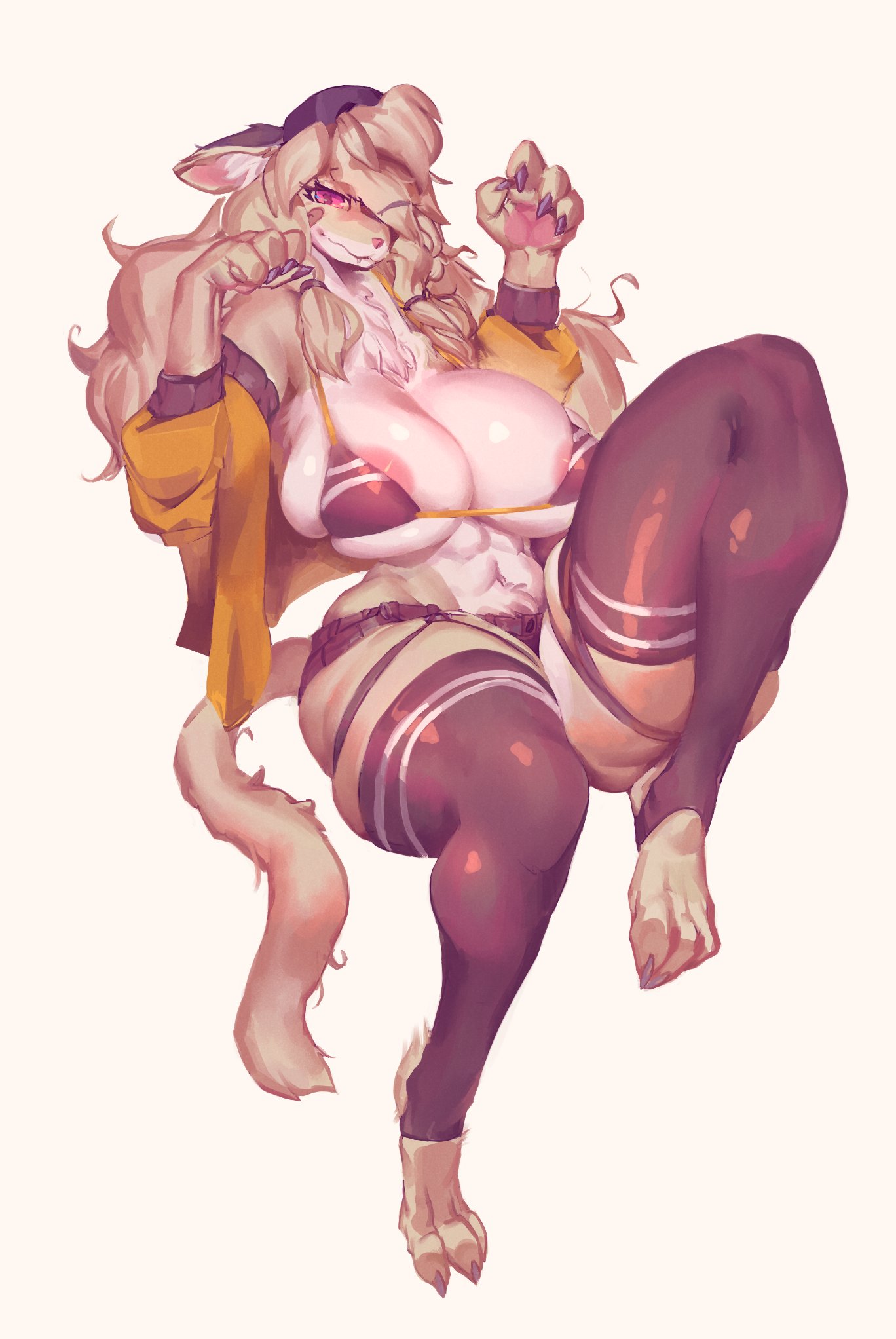 abs, anthro, areola, big areola, big breasts, bikini, bikini top, blonde hair, bottomwear, breasts, clothing, curvy figure, drawfruit, felid, feline, female, frankie (extremedash), fur, furry, hair, hi res, hotpants, huge breasts, legwear, mammal, shorts, simple background, solo, swimwear, thick thighs, thigh highs, thighhighs, voluptuous, white background
