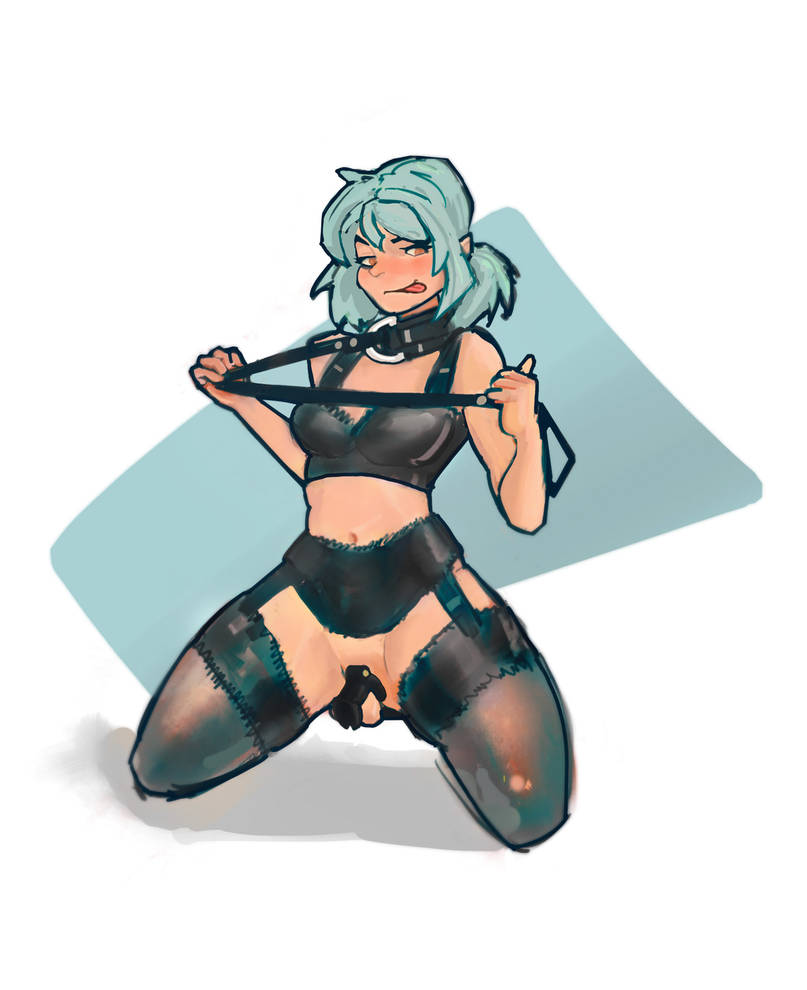 1futa, blue hair, bra, chastity, chastity cage, chastity device, cock cage, collar, futanari, intersex, leash, locksmithy, male, penis, tagme, trap