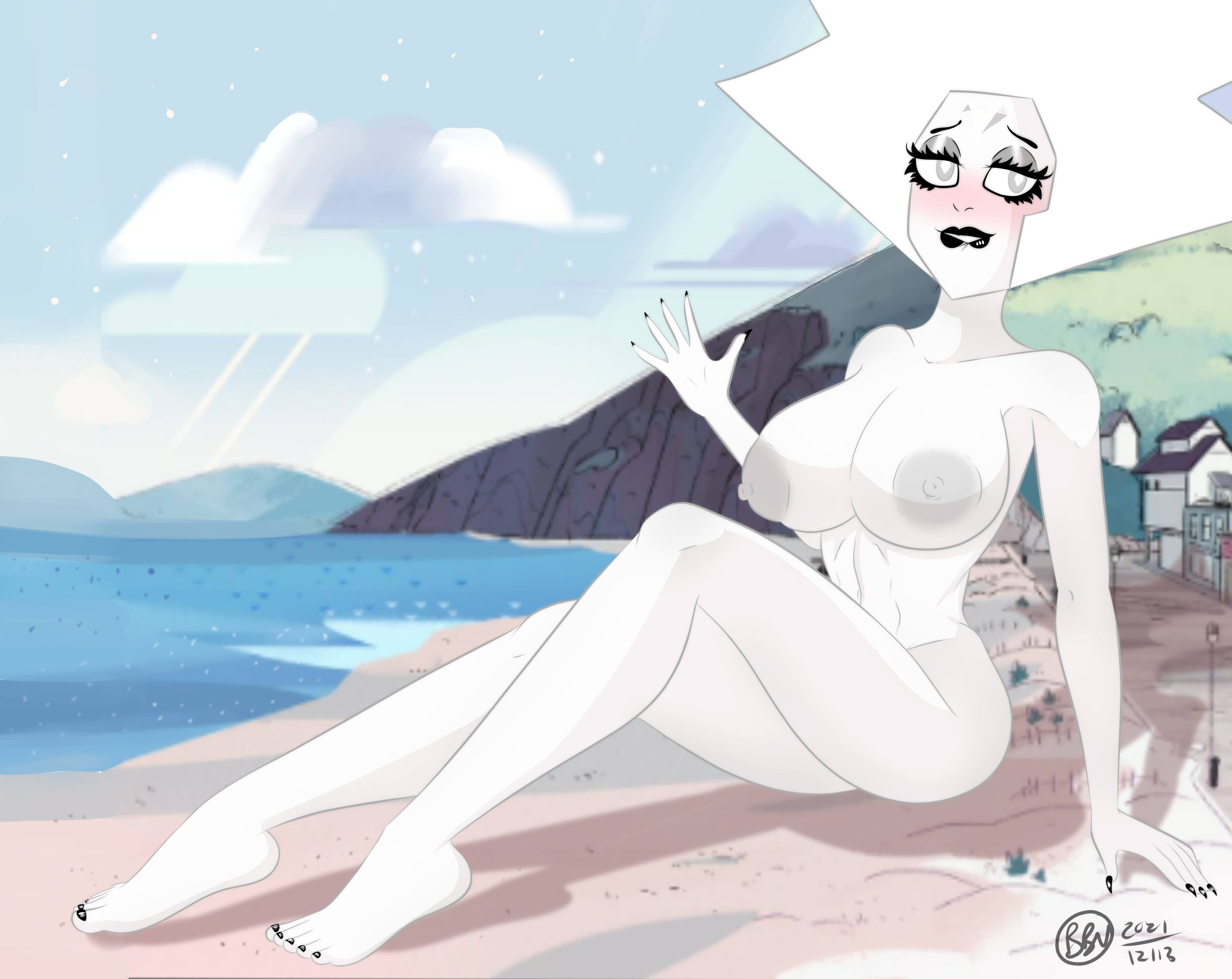 1girls, beach, big breasts, biting lip, blush, breasts, bunbunmuffinart, cartoon network, completely nude, diamond authority, female, gem (species), giantess, humanoid, looking at viewer, naked, nude, steven universe, white body, white diamond (steven universe), white skin