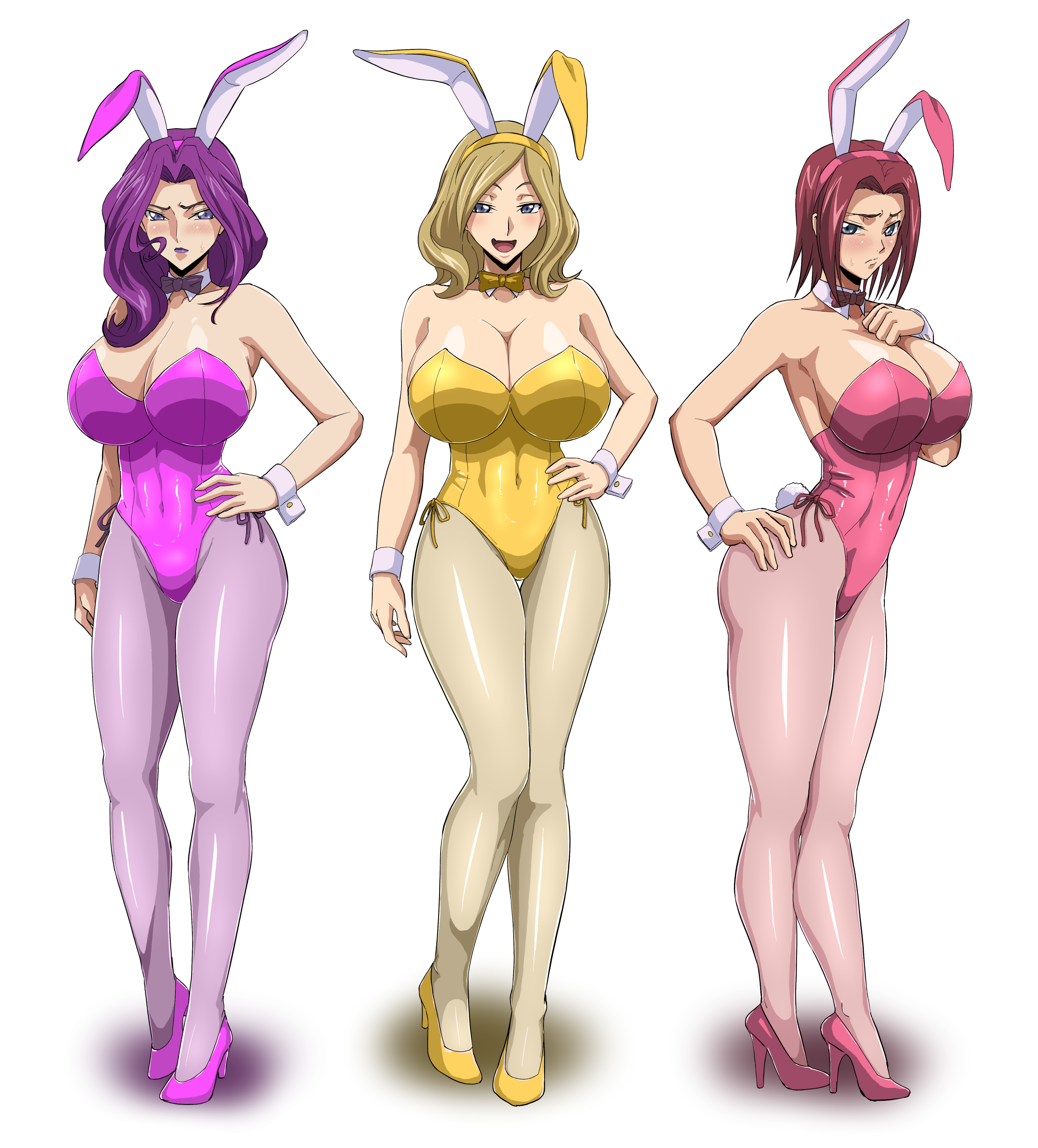 3girls, big breasts, blonde hair, blue eyes, blush, breasts, bunny ears, bunny girl, bunny tail, bunnysuit, cleavage, code geass, cornelia li britannia, embarrassed, fake animal ears, fake tail, female, female only, full body, high heels, iwao178, kallen stadtfeld, large breasts, leotard, lipstick, long hair, milly ashford, multiple females, multiple girls, no artist signature, no source, pantyhose, pink leotard, playboy bunny, purple eyes, purple hair, purple leotard, red hair, short hair, simple background, smile, standing, white background, yellow leotard