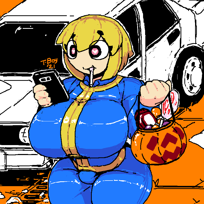 1futa big_breasts blonde_hair bodysuit breasts bulge candy clothed clothing cosplay electronics fallout fully_clothed futa_only futanari halloween halloween_costume heart-shaped_pupils heart_eyes huge_breasts human light-skinned_futanari light_skin pale_skin phone short_hair solo standing t-boy thick_thighs vault_girl vault_suit wide_hips yuuko_(t-boy)