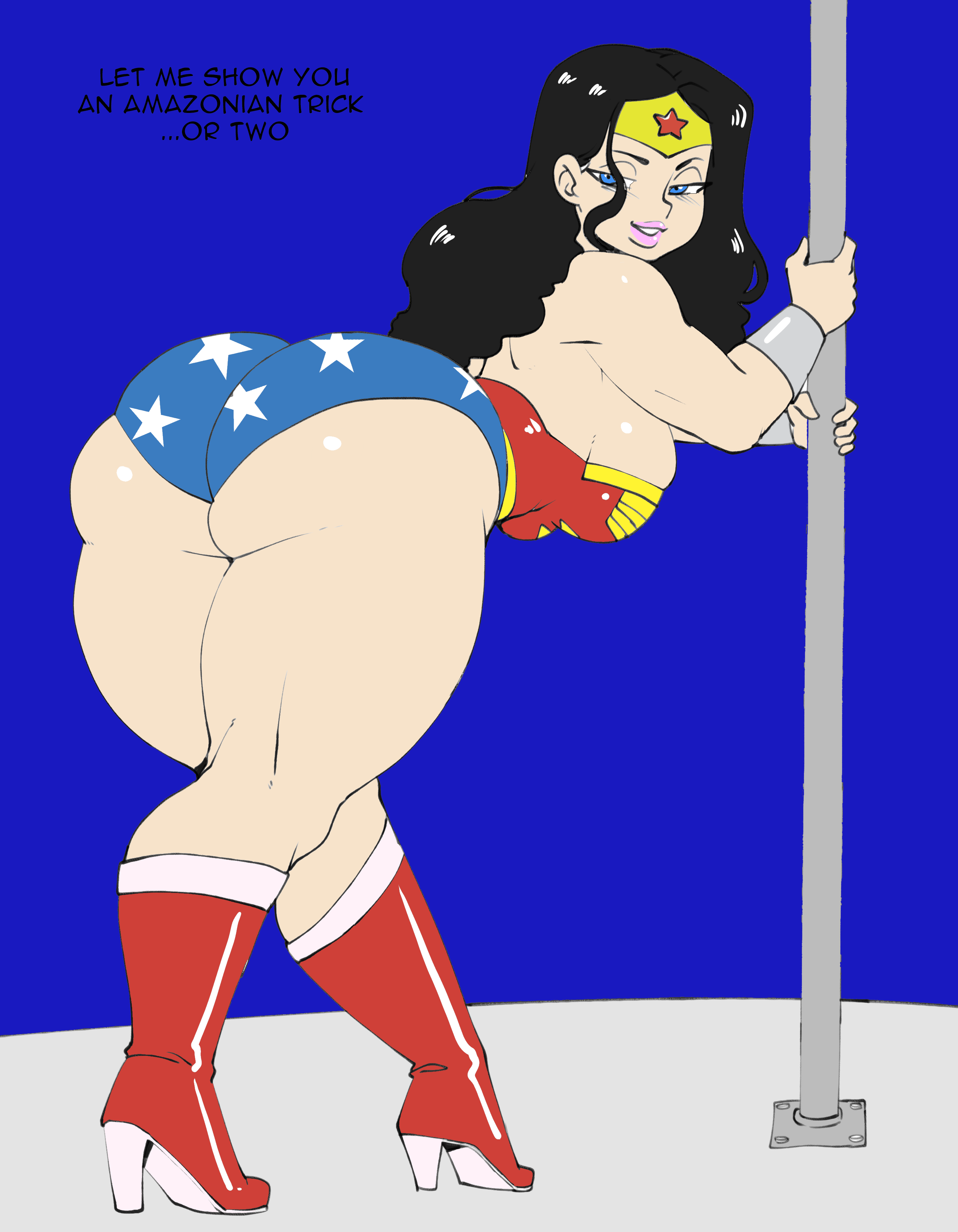 1girls, ass, ass focus, back view, bent over, big ass, big breasts, black hair, blue eyes, breasts, chubby, clothed, colored, dark hair, darkeros13, dc, dc comics, diana prince, fat ass, fat thighs, female, female only, high heel boots, high heels, huge ass, lard ass, light skin, light-skinned female, lipstick, long hair, looking at viewer, pole dancing, princess, royalty, seductive, smile, solo, superheroine, text, thick thighs, tiara, wide hips, wonder woman, wonder woman (series)