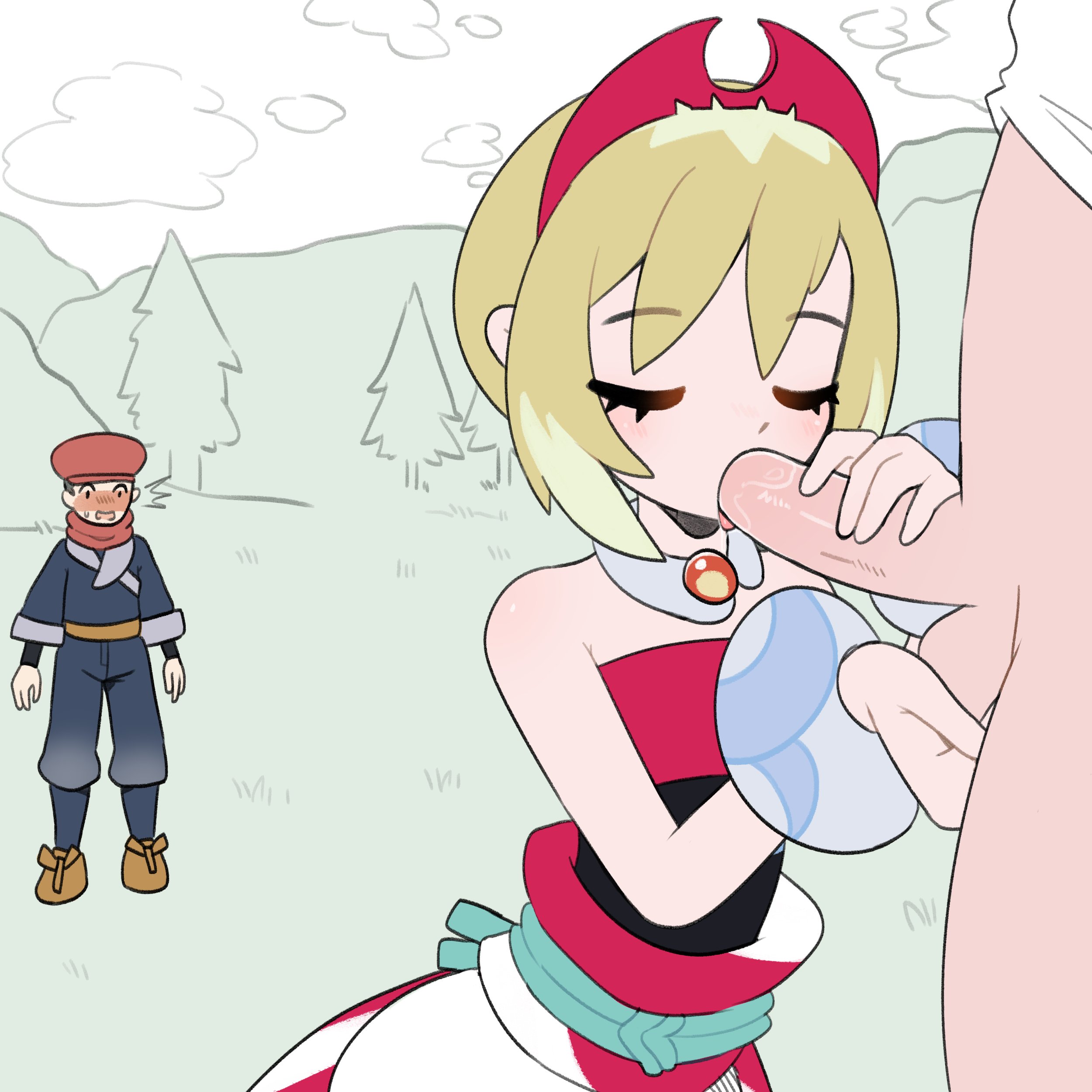 balls, blonde hair, blue eyes, blush, bracelet, bracelets, closed eyes, clothed, completely nude, cupping balls, embarrassed, exhibitionism, fellatio, female, flat chest, fondling, fondling balls, fully clothed, headband, irida (pokemon), male, necklace, nude, oral, outdoors, petite, pokemon, pokemon legends: arceus, sataenart, short hair, surprised, tomboy, tree