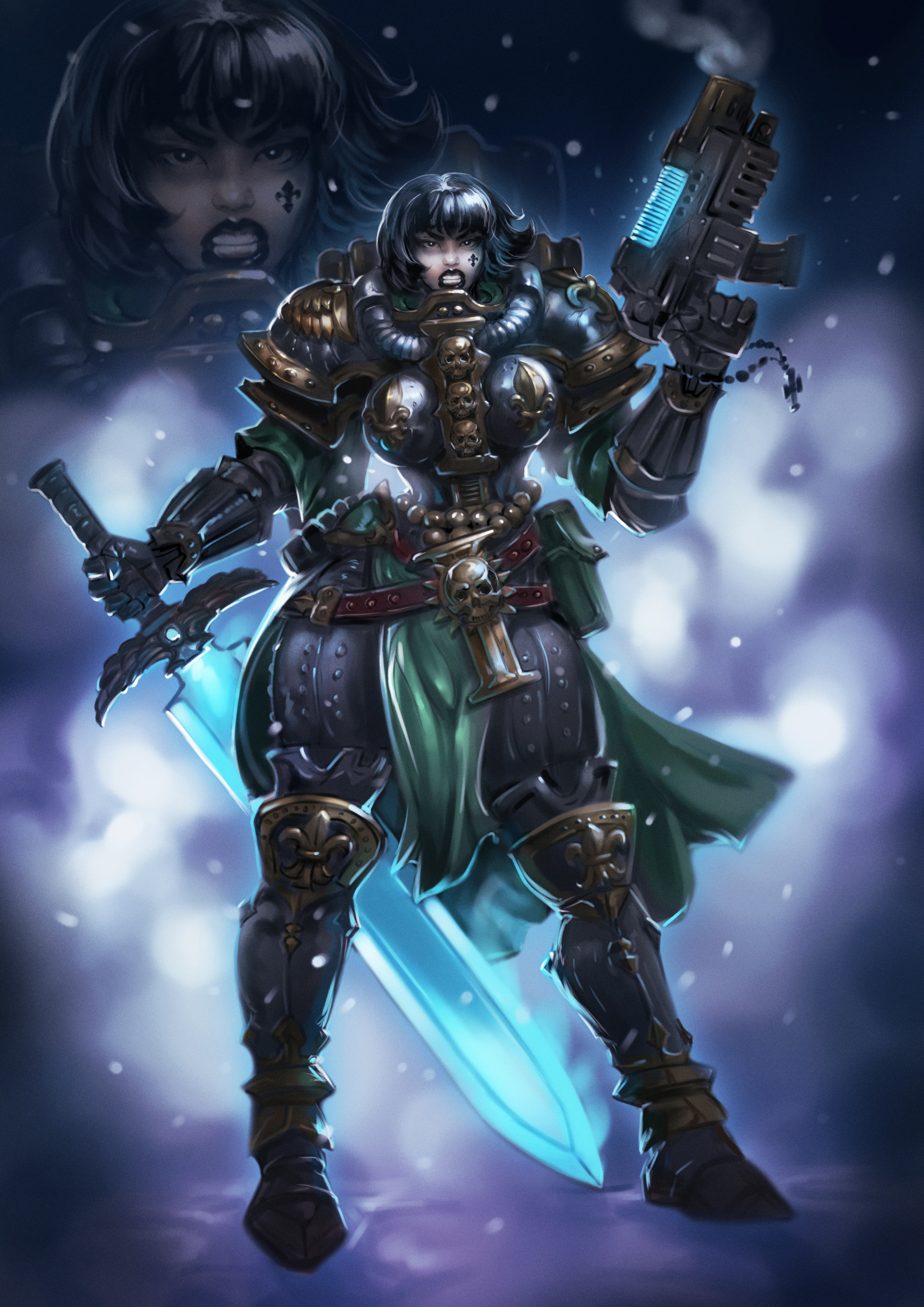 1girls, 2d, adepta sororitas, armor, big breasts, big thighs, black hair, black lipstick, bob cut, breasts, face tattoo, female, female only, gun, huge breasts, huge thighs, imperium of man, mister69m, power armor, power armor (warhammer), sister of battle, solo, solo female, space, sword, tattoo, warhammer (franchise), warhammer 40k, wide hips