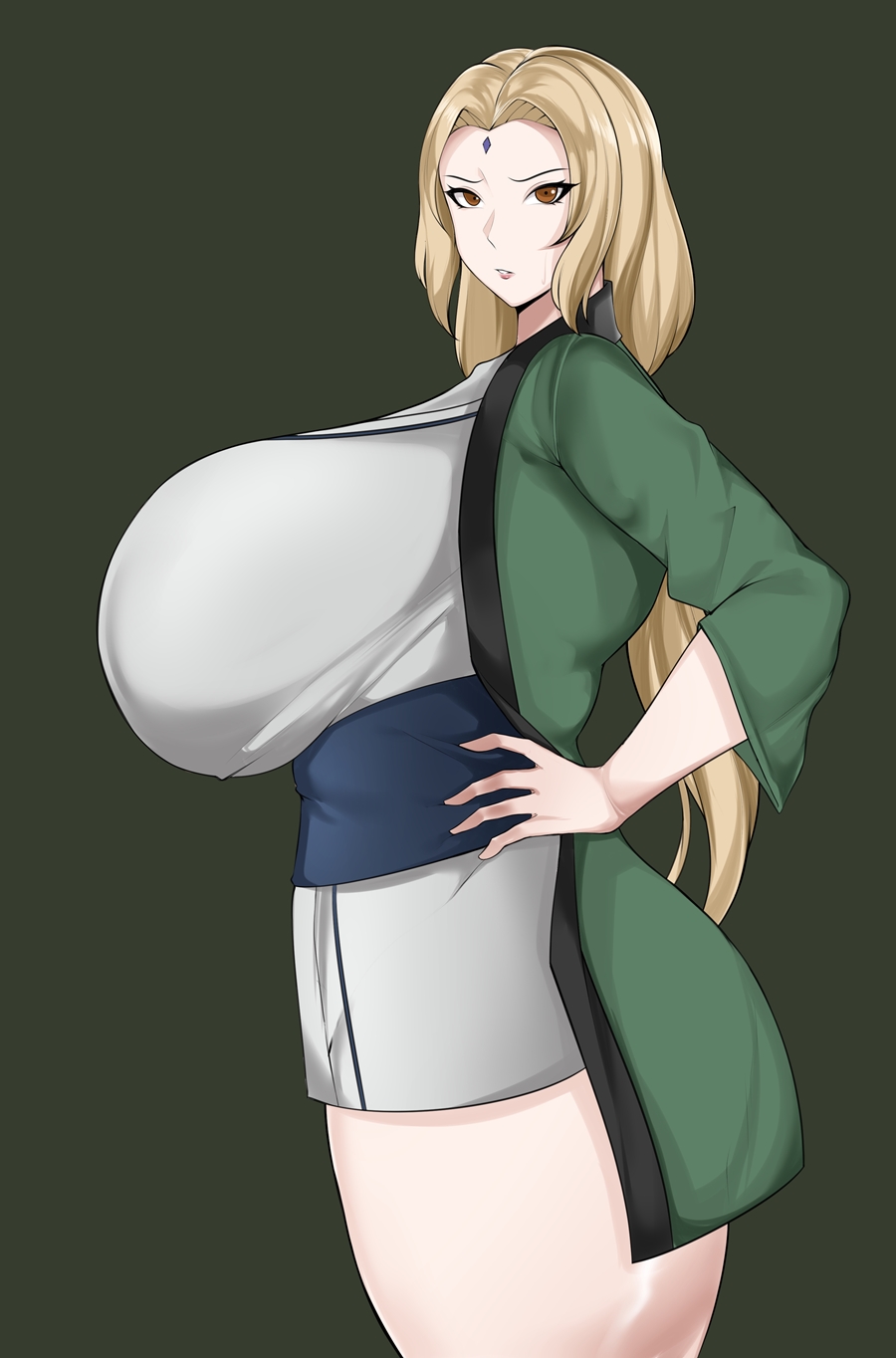 1girls, bare legs, bbw, big breasts, blonde hair, blush, bottomless, breasts, breasts bigger than head, brown eyes, clothed female, facial mark, female, female only, forehead mark, gigantic breasts, half-dressed, haori, huge breasts, kimono, light skin, light-skinned female, long hair, mature, mature female, naruto, naruto (series), naruto shippuden, no pants, owner (artist), parted lips, pinup, plump, shiny, shiny hair, shiny skin, side view, skindentation, thick thighs, tied hair, tomboy, tsunade, twintails, venus body, voluptuous