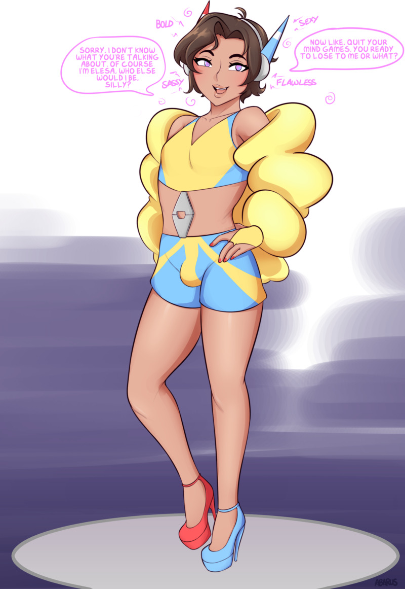 abarus, brainwashing, brown hair, crossdressing, elesa (pokemon), english text, female, femboy, hand on hip, high heels, male, male only, pokemon, pokemon bw, short shorts, solo male, text, trap