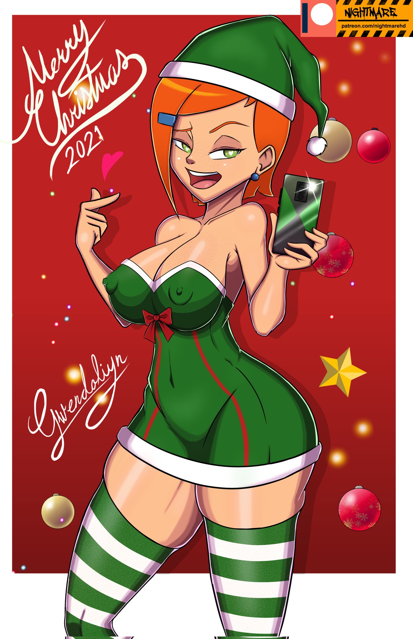 belly_button belly_button_visible_through_clothing ben_10 big_areola big_areolae big_breasts big_nipples cartoon_network christmas costume erect_nipples female gwen_tennyson heart-shaped_pupils heart_sign hourglass_figure large_areola large_areolae navel navel_visible_through_clothes nightmare_hdraw nipples original_gwen puffy_nipples shaved_armpit solo thick_thighs thighhighs tight_clothes tight_clothing