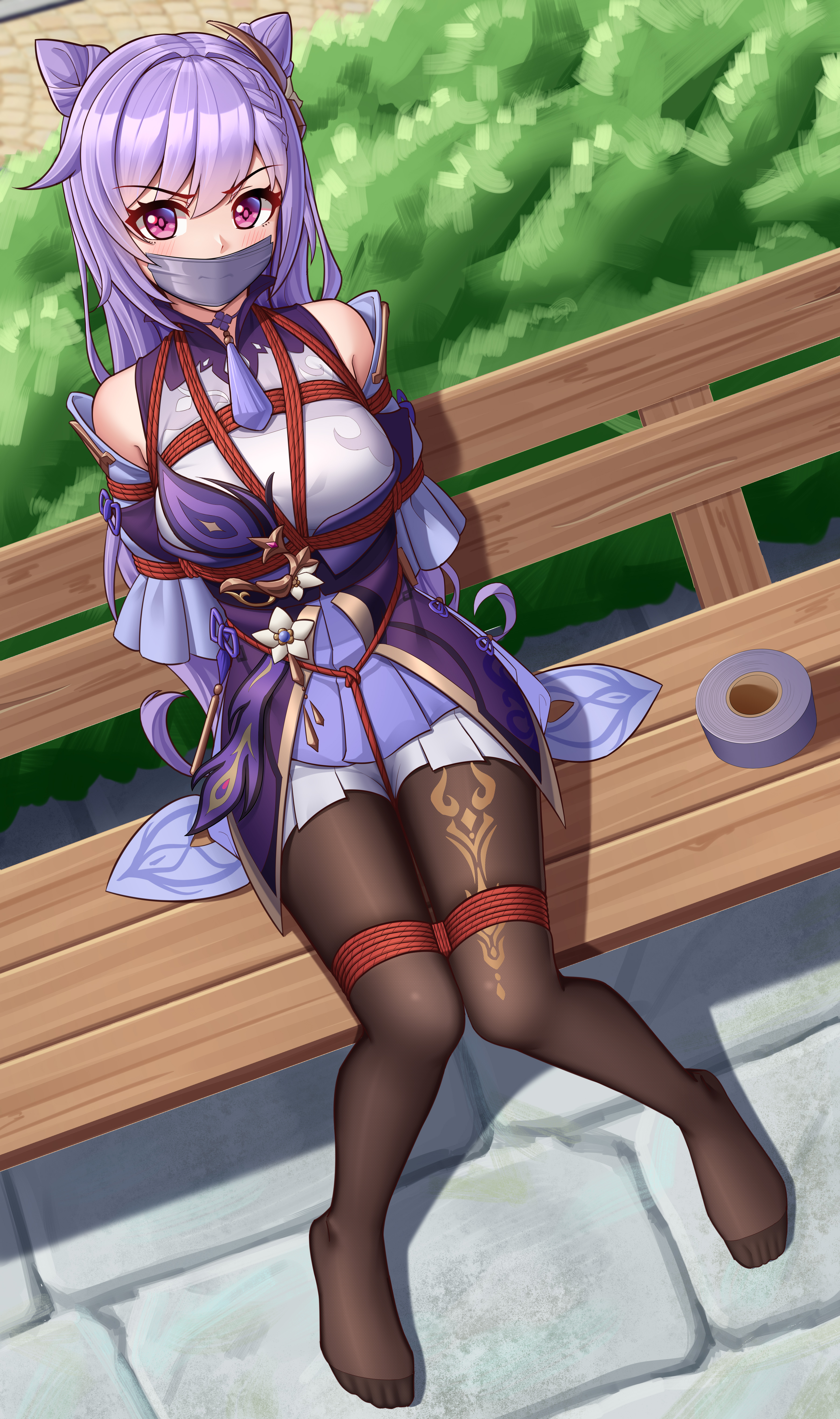 arms behind back, arms tied behind back, bondage, bound legs, crotch rope, double bun, female, gag, gagged, genshin impact, hair cones, keqing (genshin impact), looking at viewer, purple eyes, purple hair, restrained, sitting, tape, tape gag, tied hair, twintails, wo cao xiao