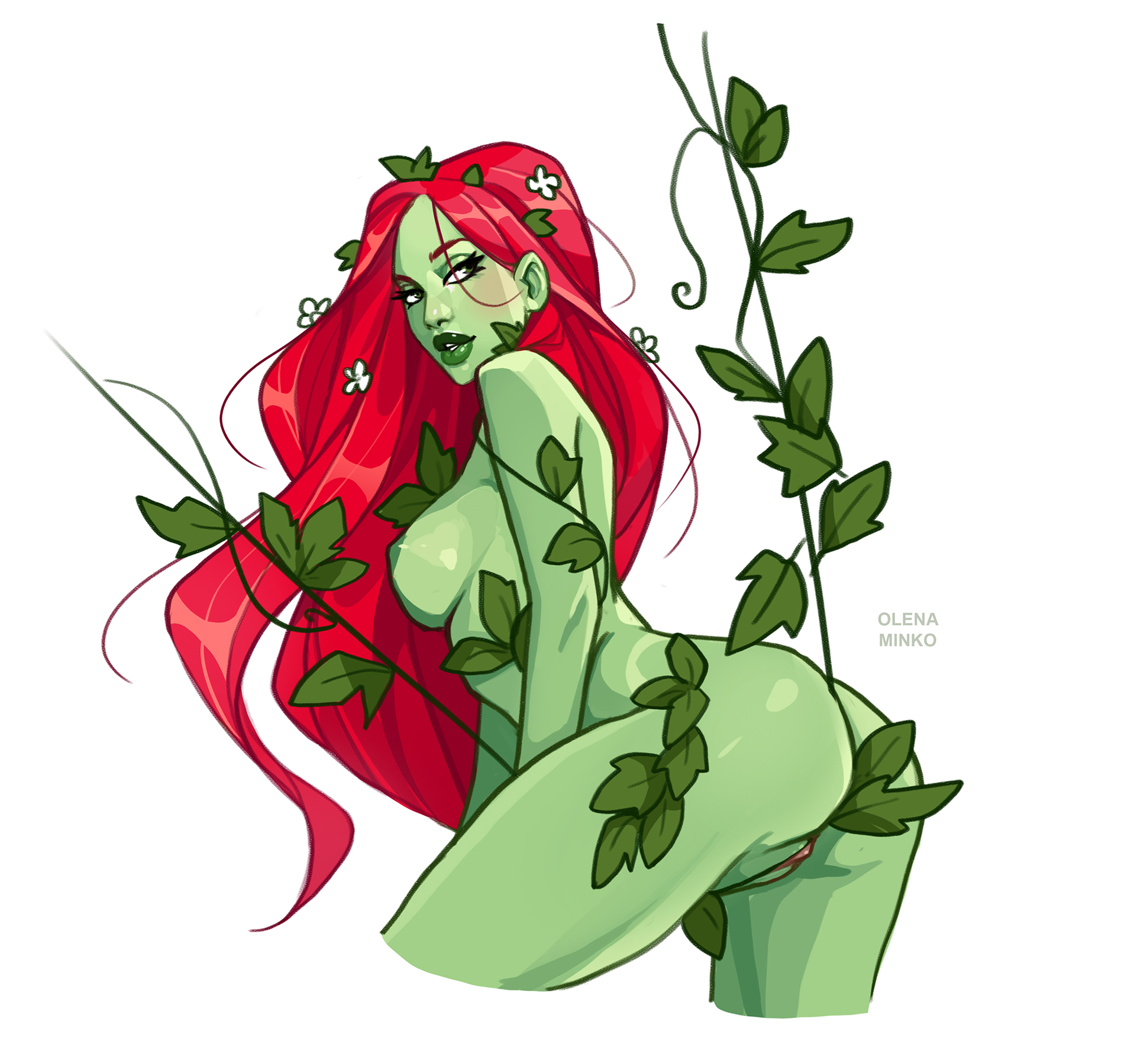 2d, ass, batman (series), breasts, casual nudity, dc, dc comics, female, female only, flora fauna, flower, green hair, green skin, green-skinned female, long hair, minko, naked, nude, nude female, pamela isley, poison ivy, red hair, sideboob, solo