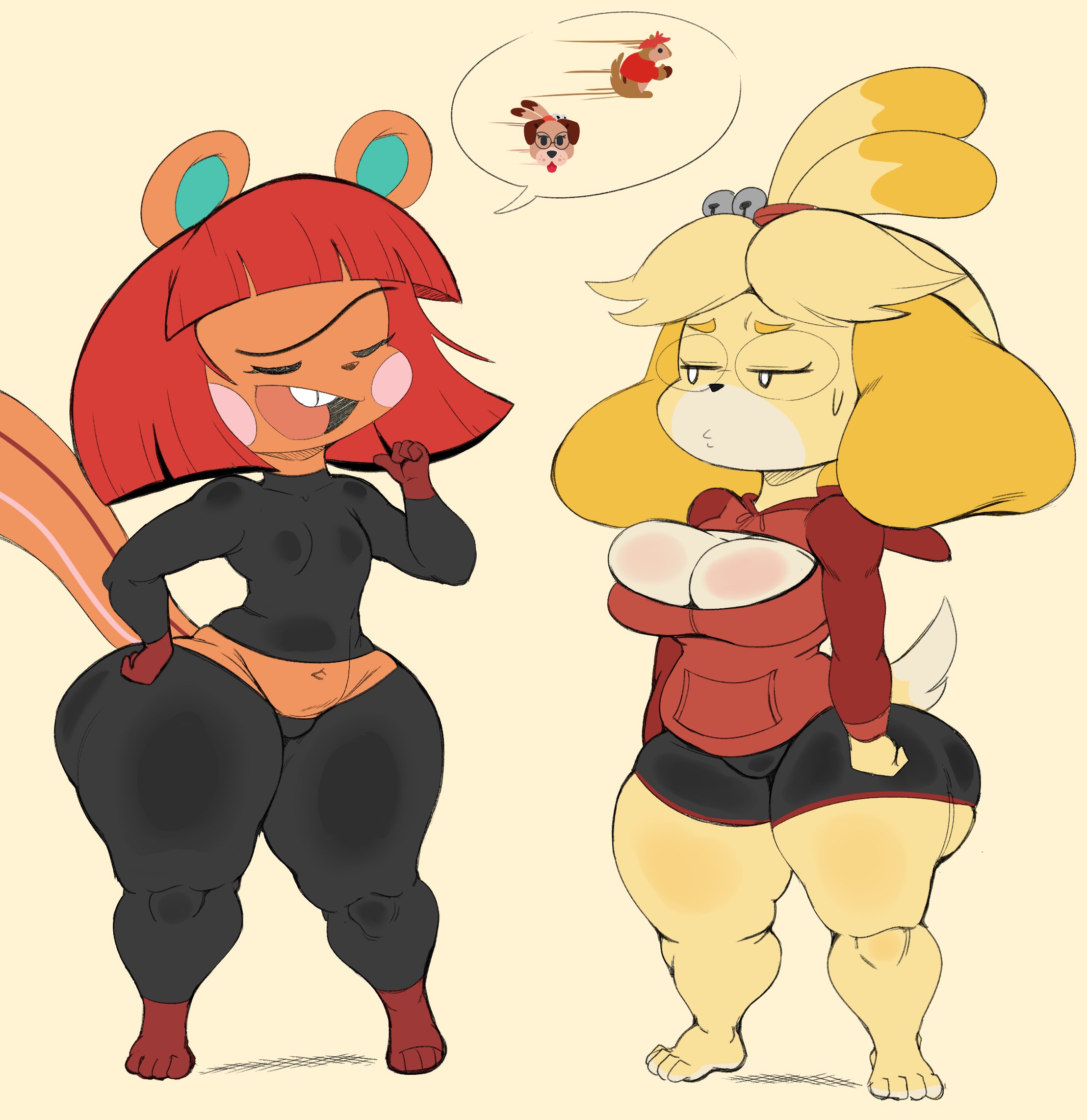 2021, 2girls, animal crossing, animal ears, anthro, ass, bell, big ass, blush, bottom heavy, breasts, buckteeth, cleavage, female, furry, glasses, hazel (animal crossing), hoodie, huge ass, isabelle (animal crossing), nintendo, overflowing breasts, purple yoshi draws, shorts, shortstack, skindentation, squirrel, sweatdrop, tail, tight clothing, unibrow, yoga pants