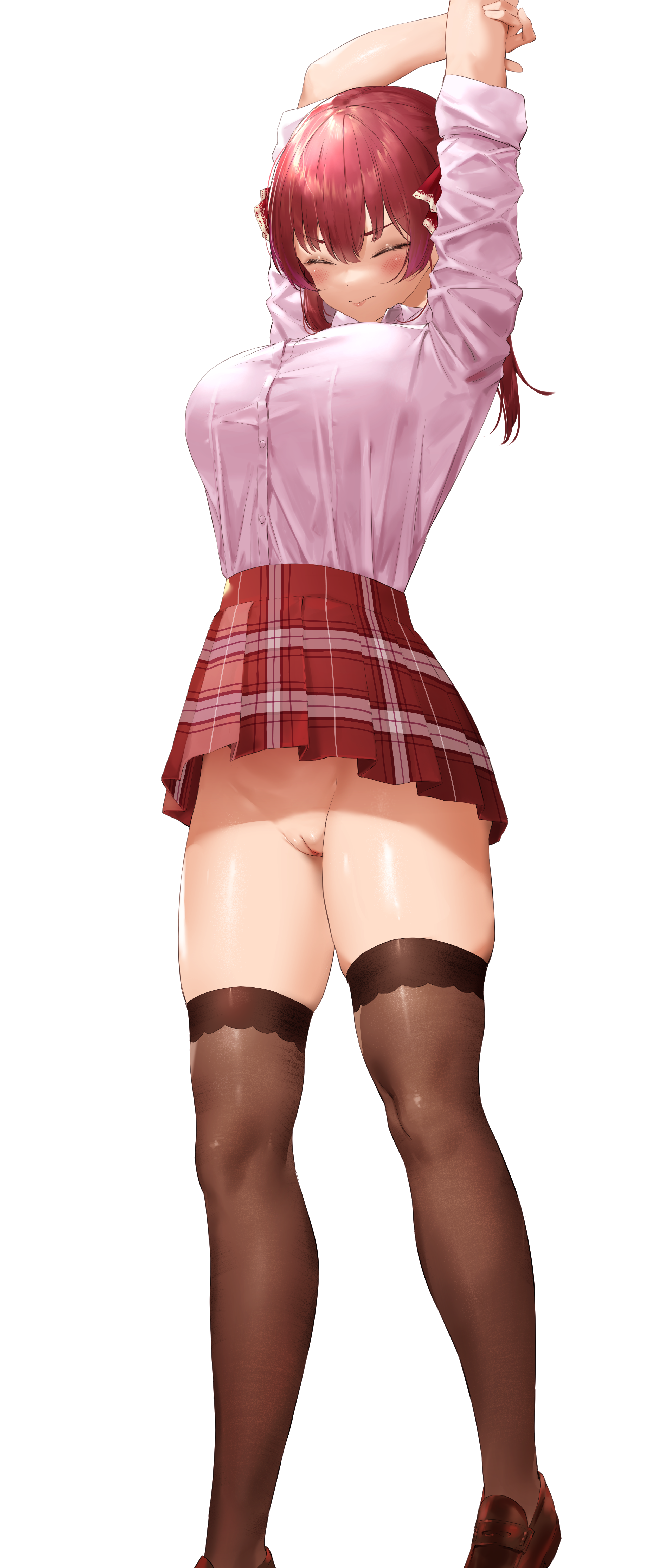 1girls, bottomless, bottomless skirt, female, female only, hairless pussy, hololive, hololive fantasy, hololive japan, houshou marine, kuroi suna, large breasts, legwear, miniskirt, no panties, pussy, short skirt, skirt, stretching, thighhighs, thighs, upskirt, vagina, virtual youtuber, white background