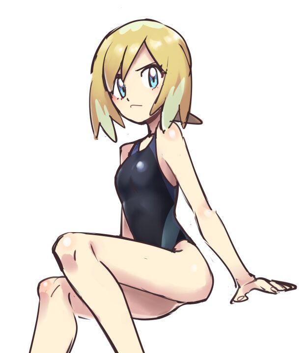 1girls, angry face, blonde hair, blue eyes, breasts, female, irida (pokemon), looking at viewer, nintendo, petite, pokemon, pokemon legends: arceus, simple background, sitting, small breasts, swimsuit, thighs, white background
