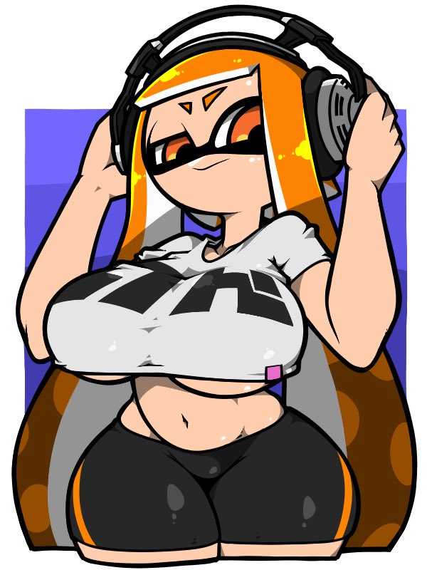 1girls animal_humanoid anthro ass big_ass big_breasts bike_shorts breasts cephalopod cephalopod_humanoid clothed crop_top female female_only fully_clothed headphones humanoid inkling inkling_girl kaori_(splatoon) large_breasts mask_(marking) name_omoitukan2 nintendo no_bra no_underwear omoitukan2 orange_hair orange_inkling_girl pointy_ears pseudo_hair pussy_window shorts solo splatoon splatoon_(series) squid tentacle tentacle_hair thick_thighs underboob white_skin