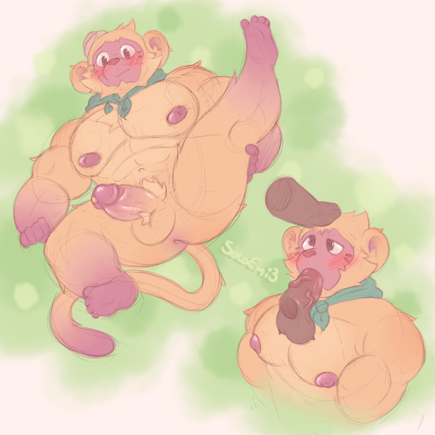 anal anthro bara_tiddies blush humanoid kinkajou male male/male mammal muscular oral procyonid shy solo soloemi3 soloemi_(artist) submissive vivo