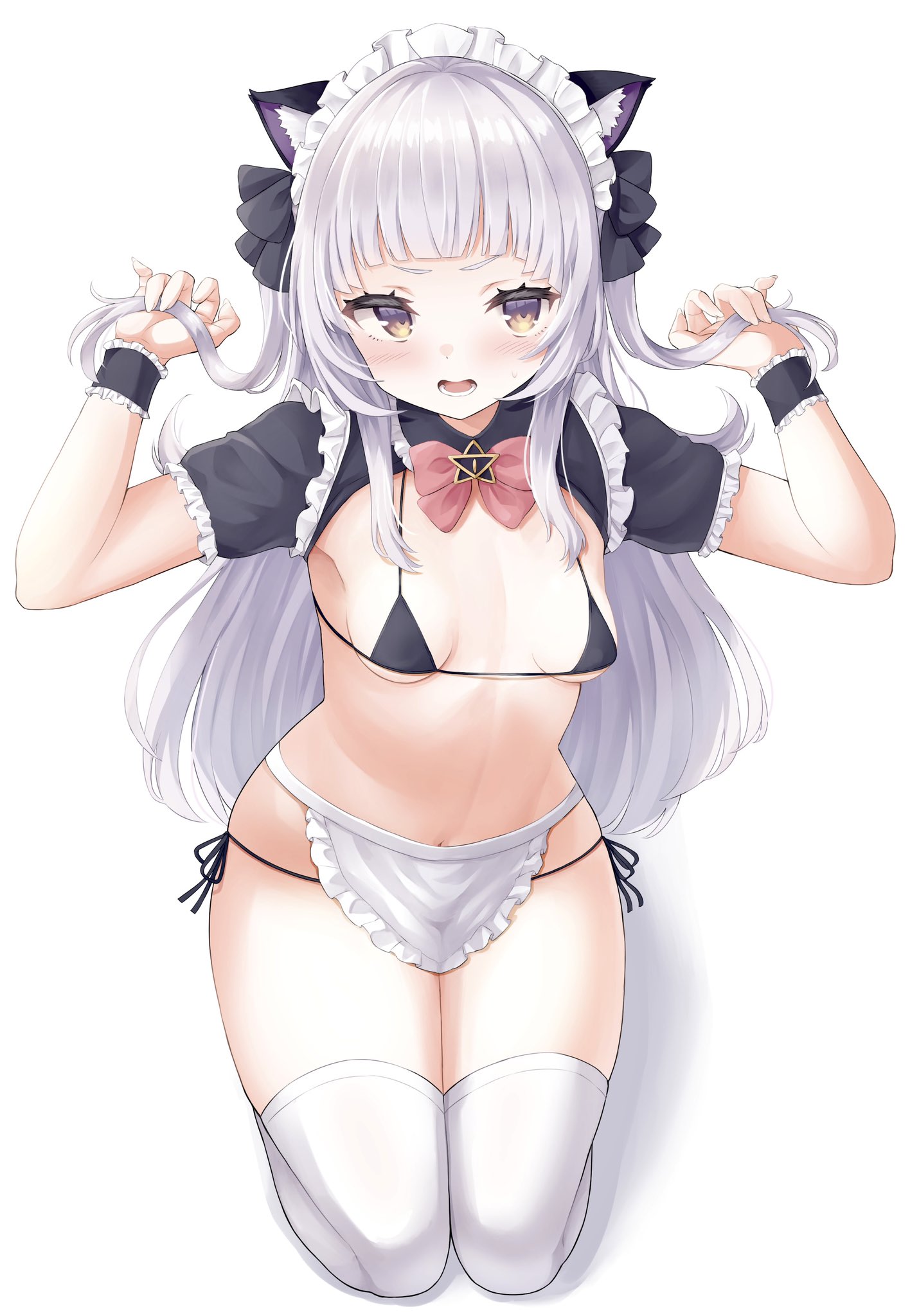 angry, bikini, blush, bowtie, breasts, cat ears, embarrassed, fake animal ears, female, grey hair, hololive, hololive gen 2, hololive japan, kneeling, long hair, looking at viewer, maid, maid bikini, maid headdress, micro bikini, midriff, multicolored eyes, murasaki shion, open mouth, purple eyes, seafood2210, small breasts, swimsuit, thighhighs, thighs, virtual youtuber, wide hips, yellow eyes
