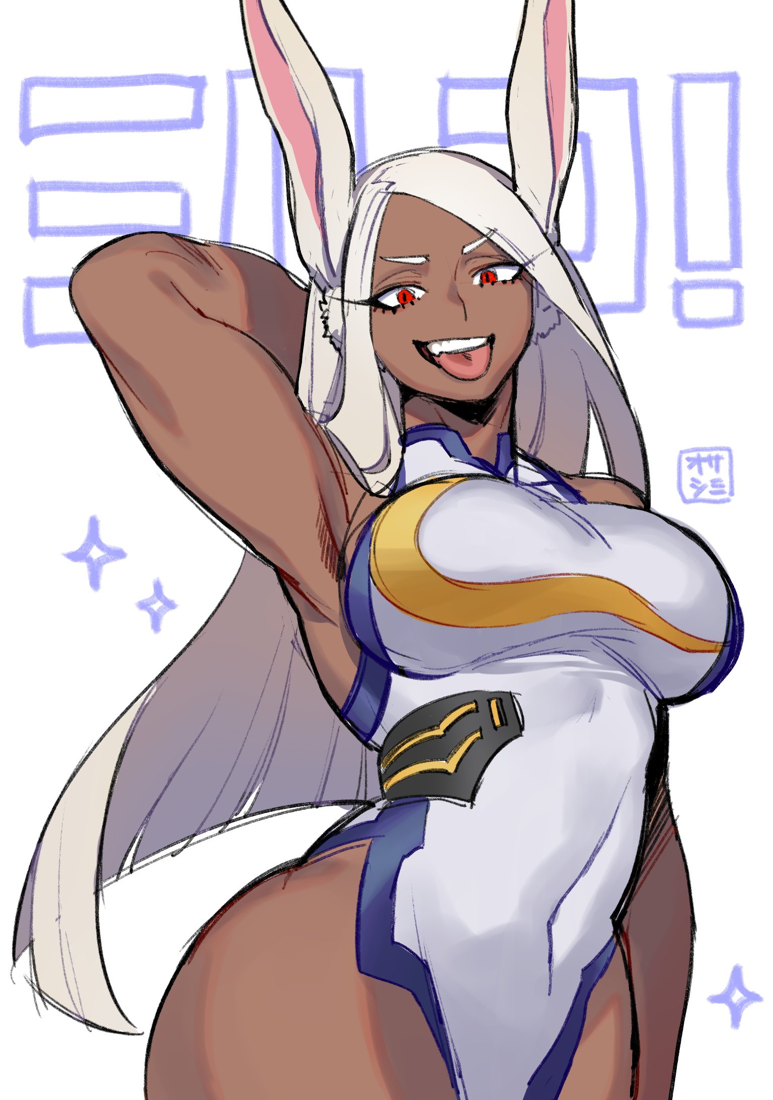 1girls, arms above head, ass, breasts, bunny ears, bunny girl, dark skin, dark-skinned female, eyelashes, female, female only, fully clothed, huge ass, large breasts, leotard, long hair, looking at viewer, midriff, miruko, muscles, muscular, muscular female, my hero academia, red eyes, rumi usagiyama, skin tight, smile, solo, tan, tan skin, tomboy, tongue, tongue out, white hair, wide hips, wosashimi